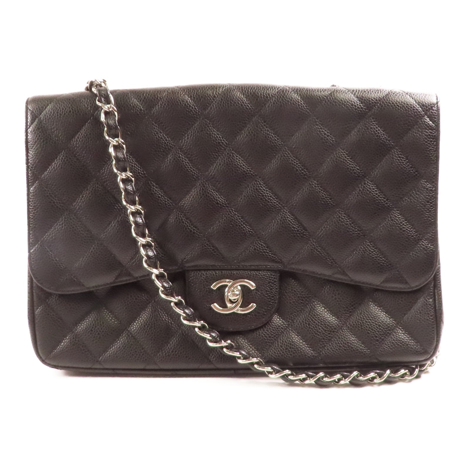 CHANEL 牛皮皮革Large Classic Single Flap銀扣鏈帶肩背袋