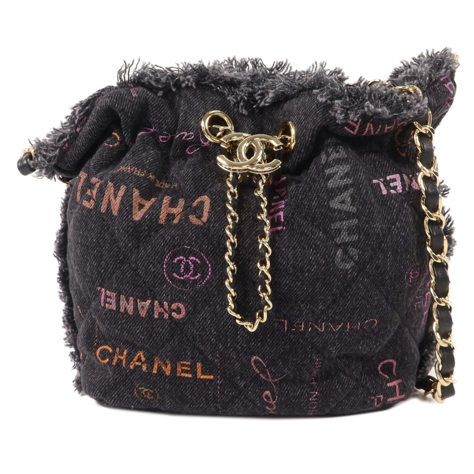 CHANEL 牛仔布料Mood Logo Printed Bucket鏈帶肩背袋