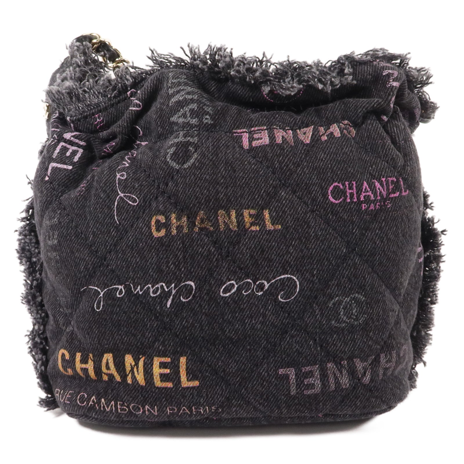 CHANEL 牛仔布料Mood Logo Printed Bucket鏈帶肩背袋