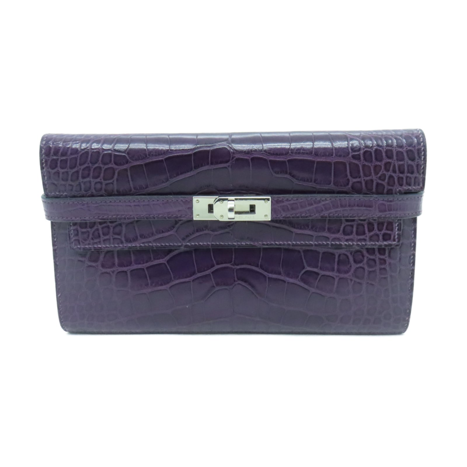 HERMES Alligator Mat Kelly Wallet Silver Buckle Long Wallet Beijing Purple