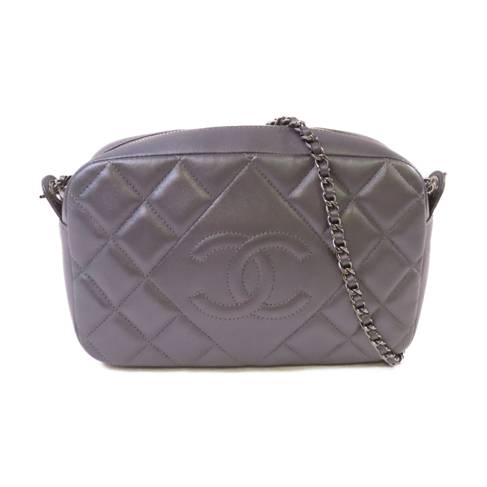 CHANEL 【激減優惠】菱格牛皮皮革Chain Shoulder Bag銀扣鏈帶肩背袋銀灰色