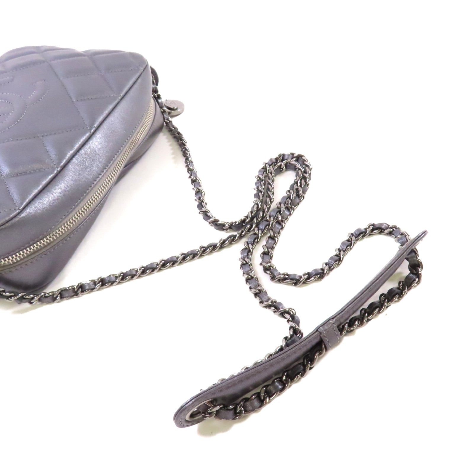 CHANEL 【激減優惠】菱格牛皮皮革Chain Shoulder Bag銀扣鏈帶肩背袋銀灰色