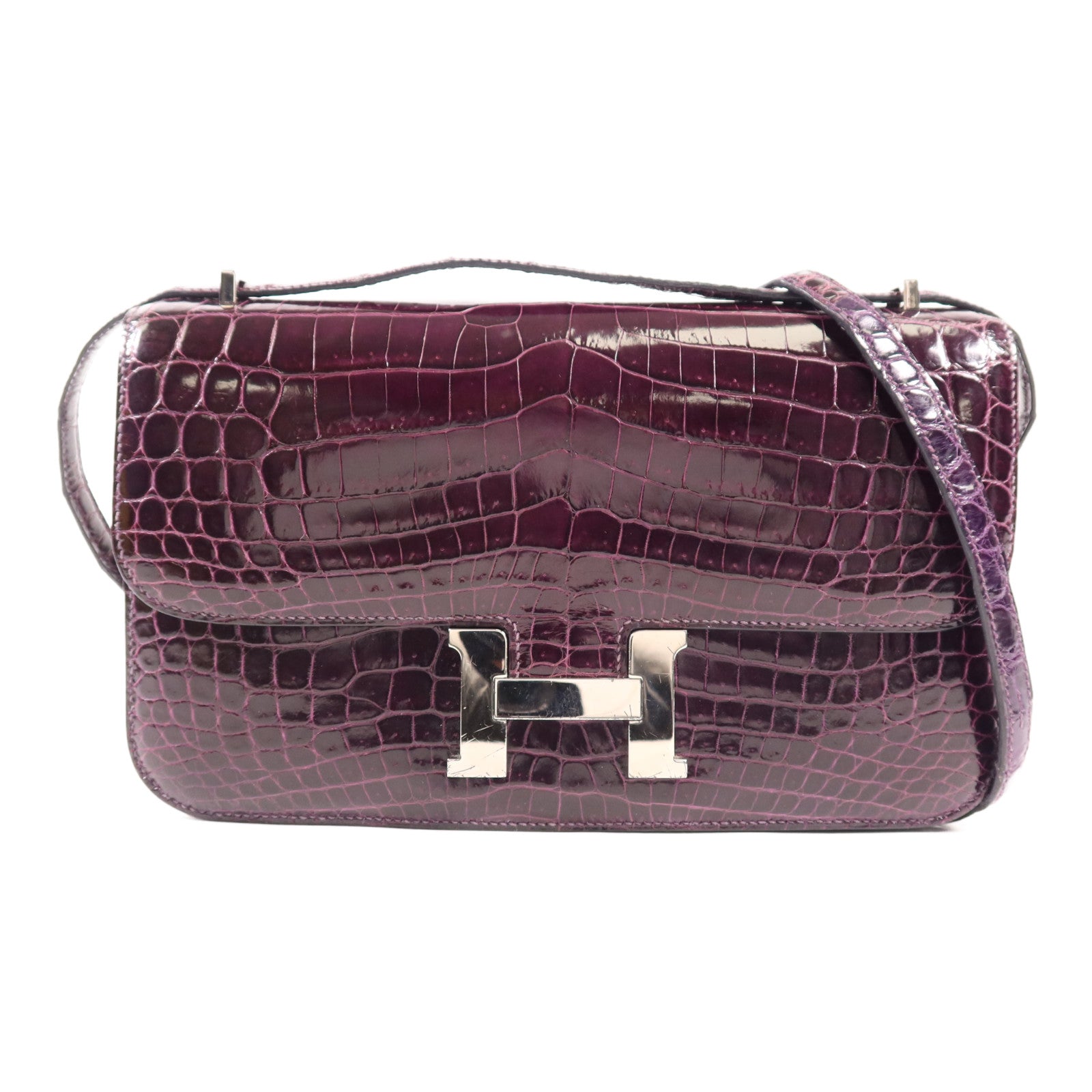HERMES 鱷魚皮革Constance Elan銀扣肩背袋Amethyst