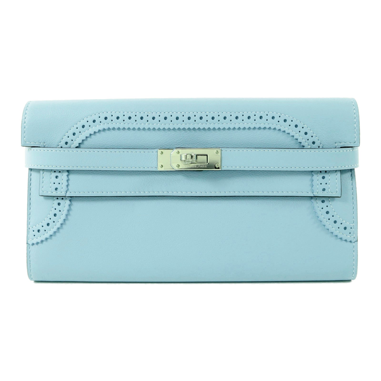 HERMES Swift皮革Kelly Wallet Ghillies銀扣長錢包Bleu Atoll