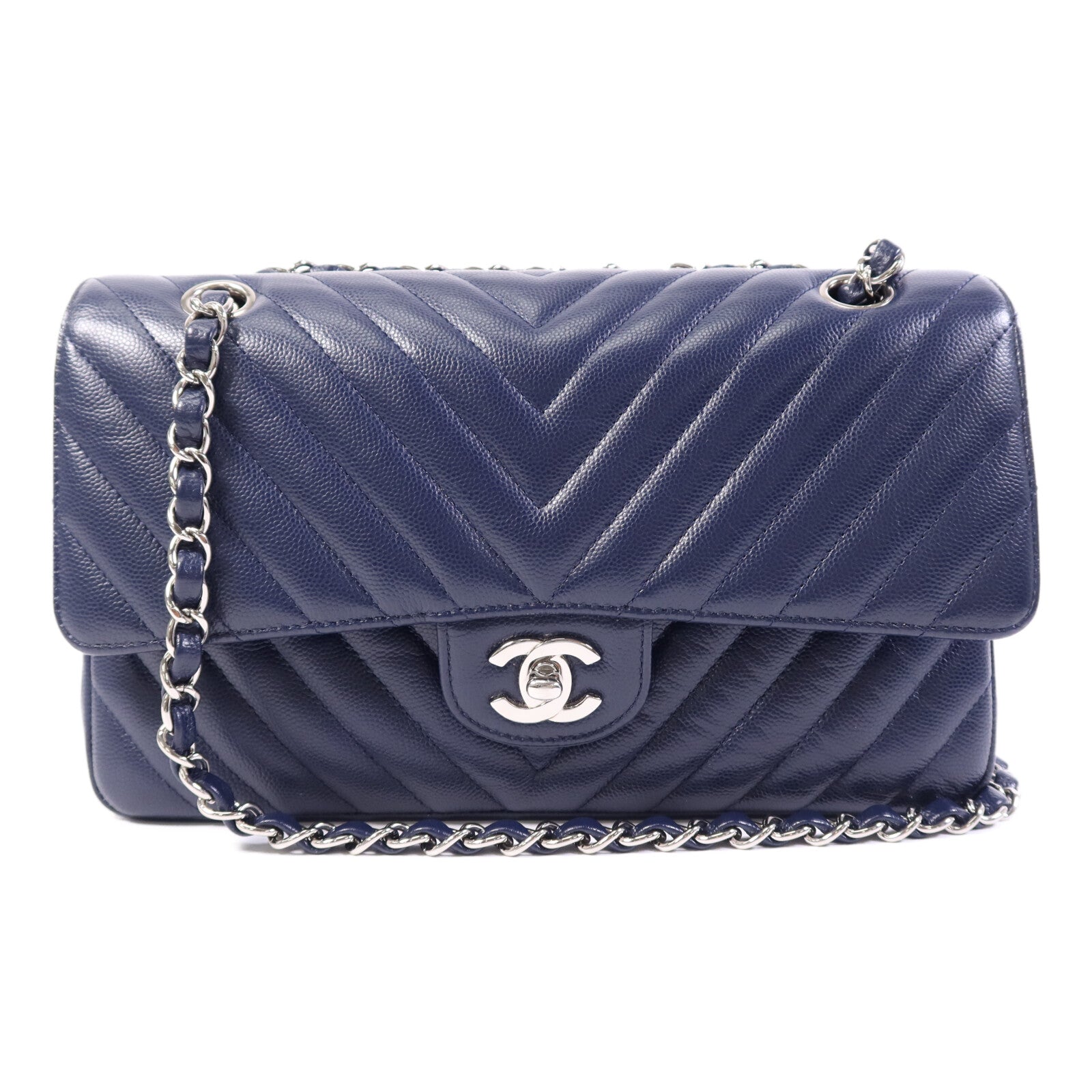 CHANEL 牛皮皮革Classic Flap Chevron銀扣鏈帶肩背袋