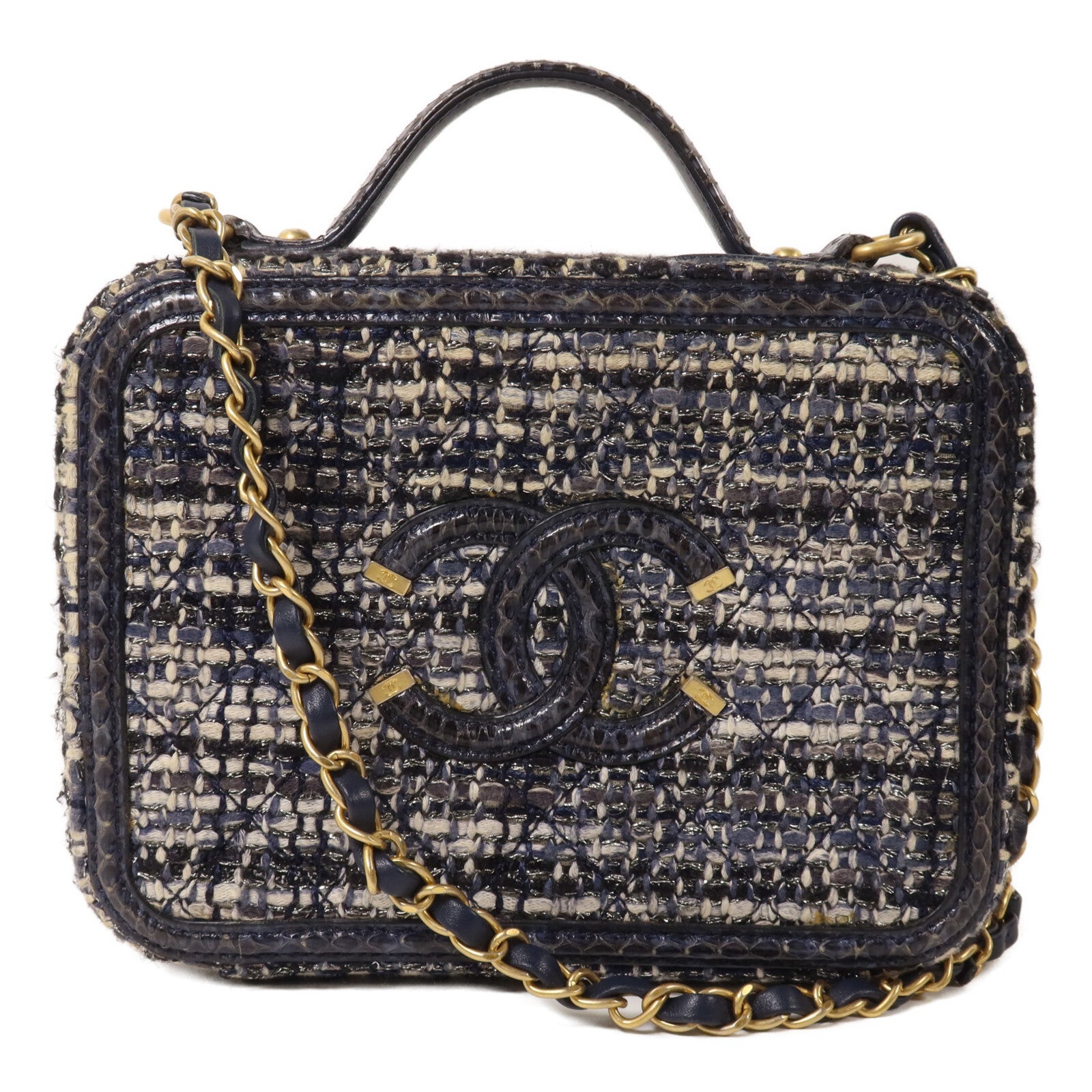 CHANEL Tweed/蛇皮皮革Vanity Case鏈帶手挽肩背兩用袋