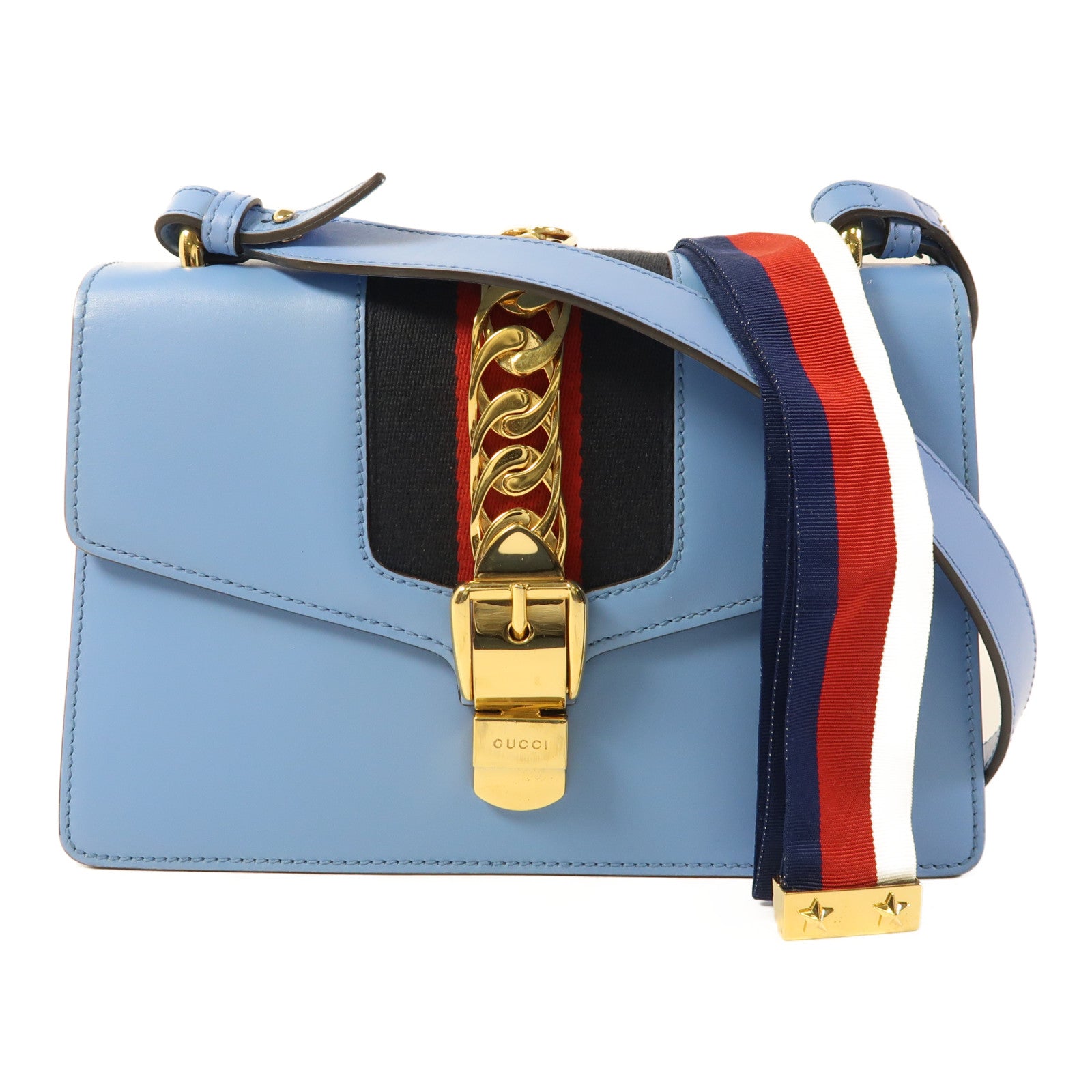 GUCCI GHW Sylvie Shoulder Bag Calfskin Leather Blue 421882