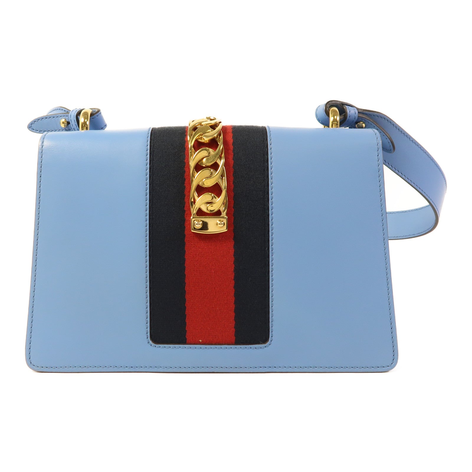 GUCCI GHW Sylvie Shoulder Bag Calfskin Leather Blue 421882