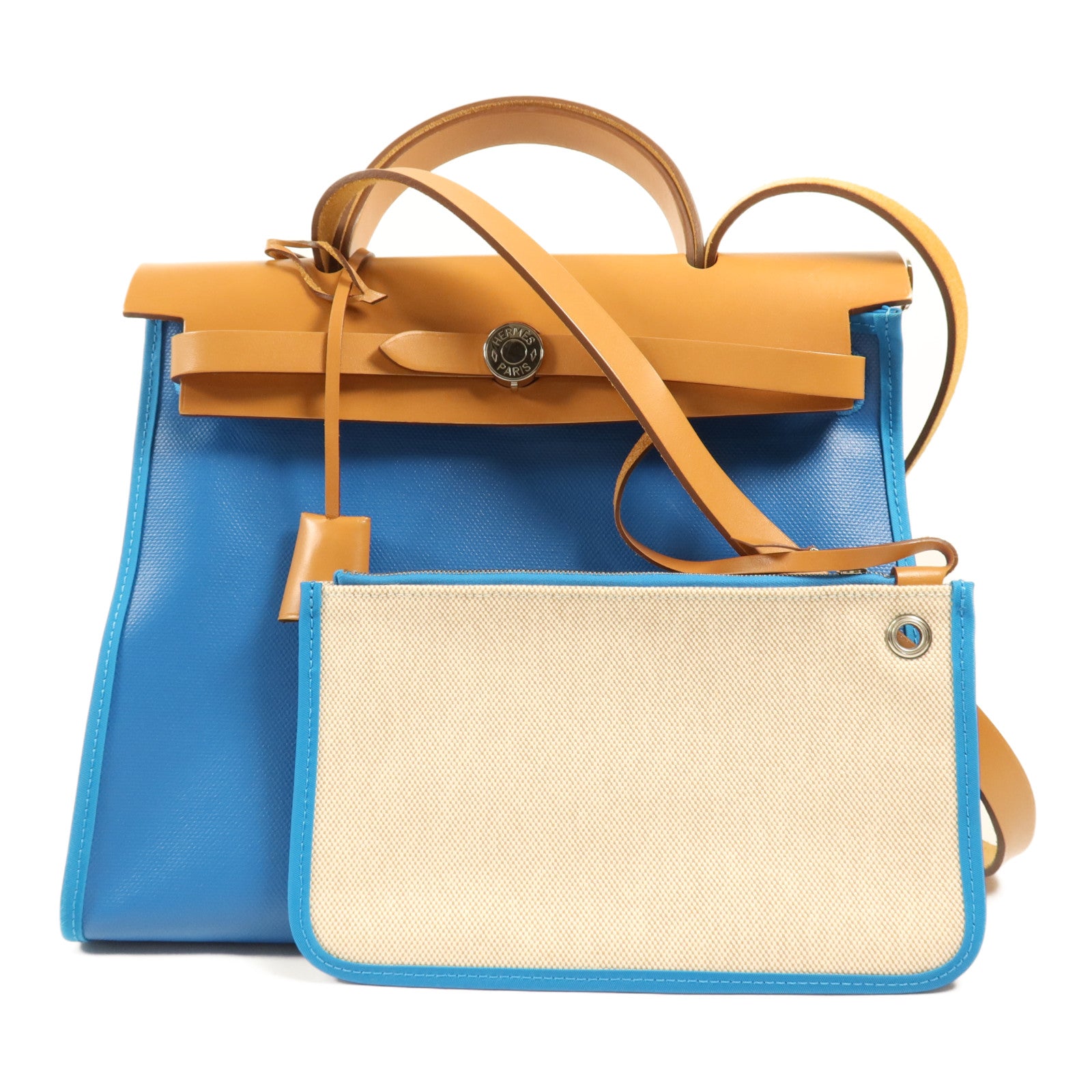 HERMES 塗層帆布Herbag PM銀扣手挽肩背兩用袋Bleu Izmir
