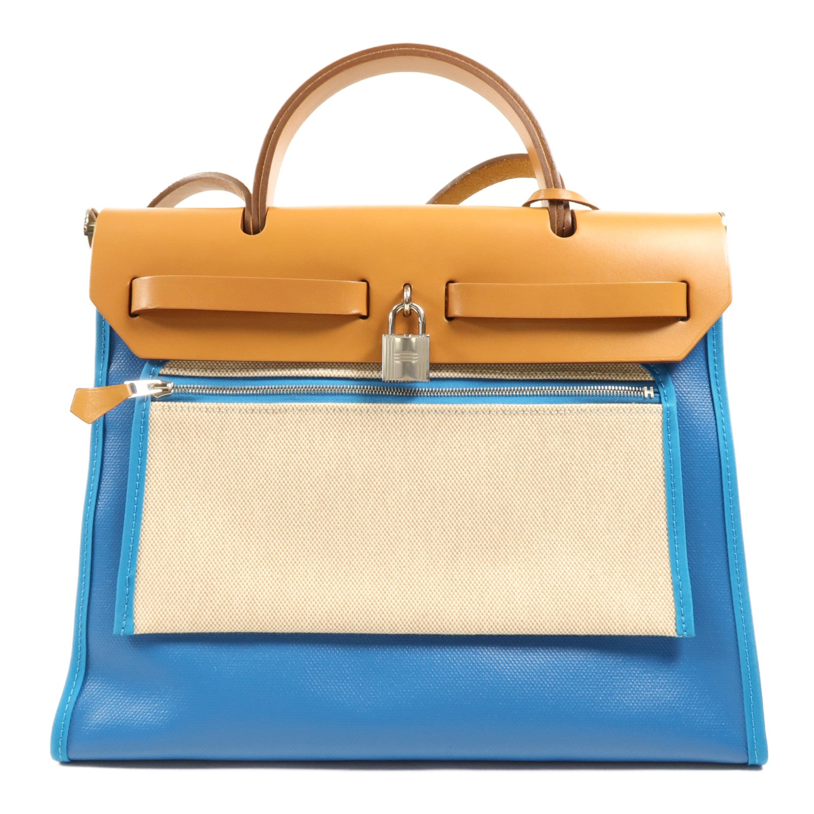 HERMES 塗層帆布Herbag PM銀扣手挽肩背兩用袋Bleu Izmir