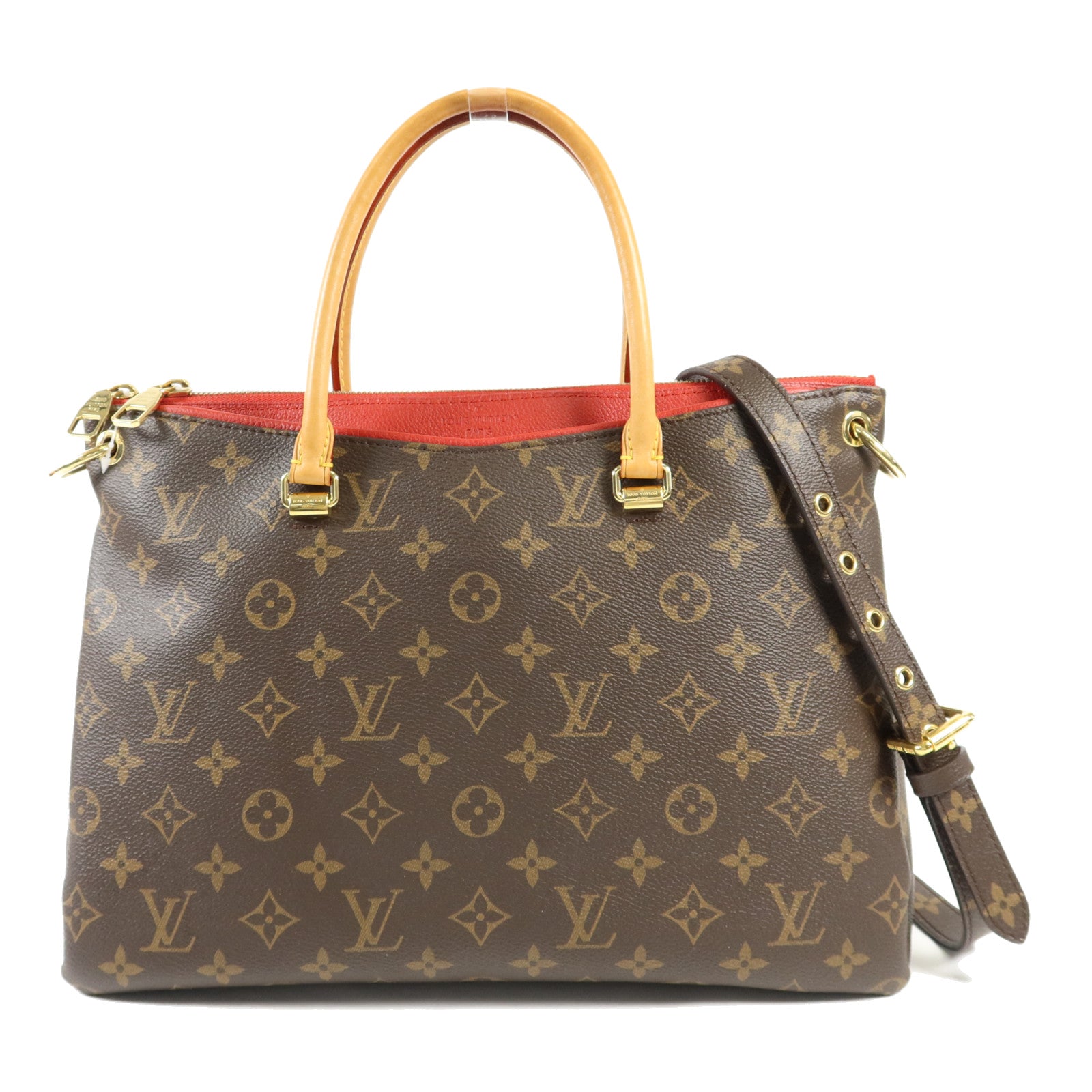 LOUIS VUITTON Monogram Pallas金扣手挽肩背兩用袋棕色/紅色