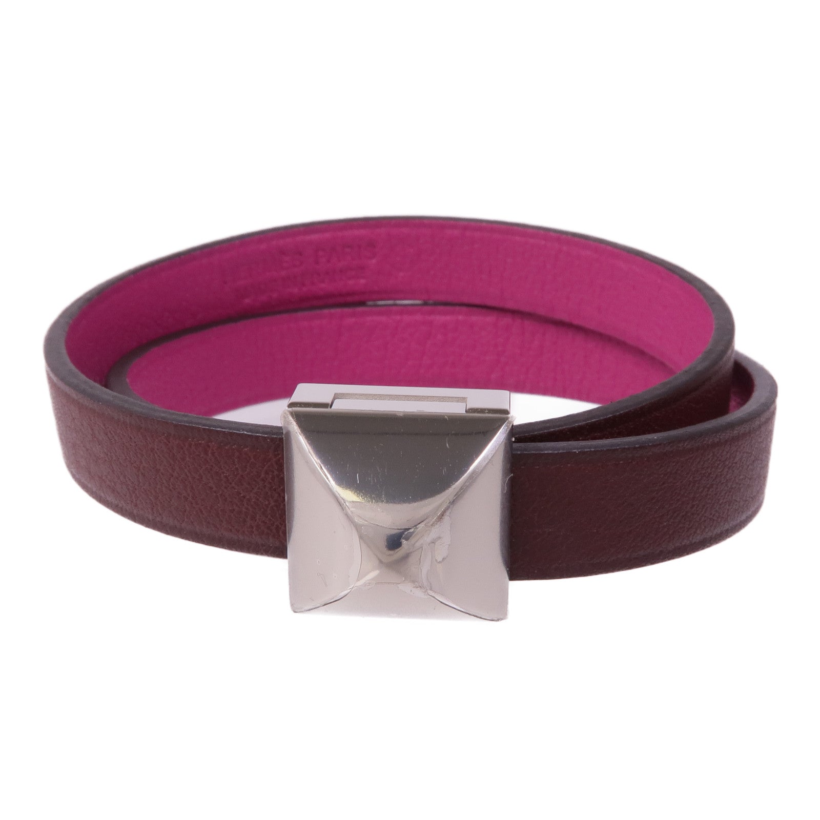 HERMES Swift皮革Medor Infini Double Tour Bracelet銀扣手帶Rose Pourpre