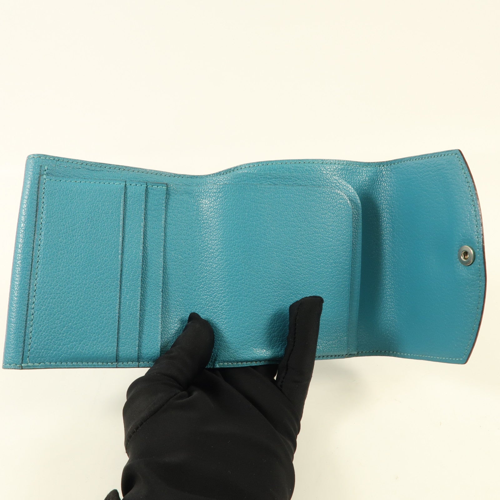 HERMES Chevre皮革Buckle Wallet銀扣錢包Bleu Paon