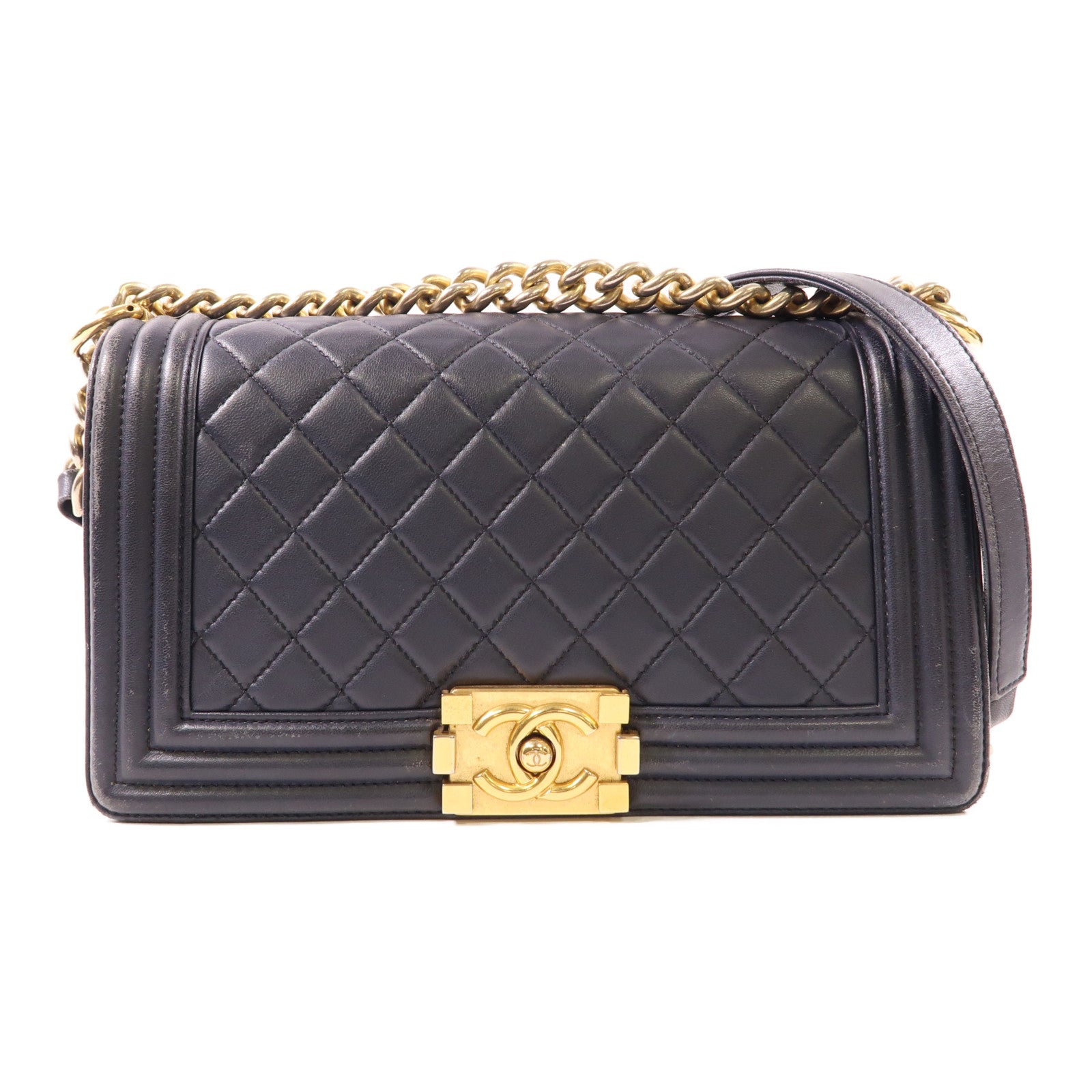 CHANEL CC GHW Boy 25 Chain Shoulder Bag Lambskin Leather Navy