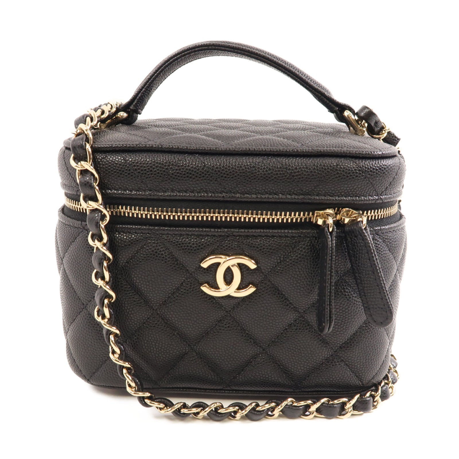 CHANEL 菱格牛皮皮革Vanity Case金扣手挽肩背兩用袋黑色