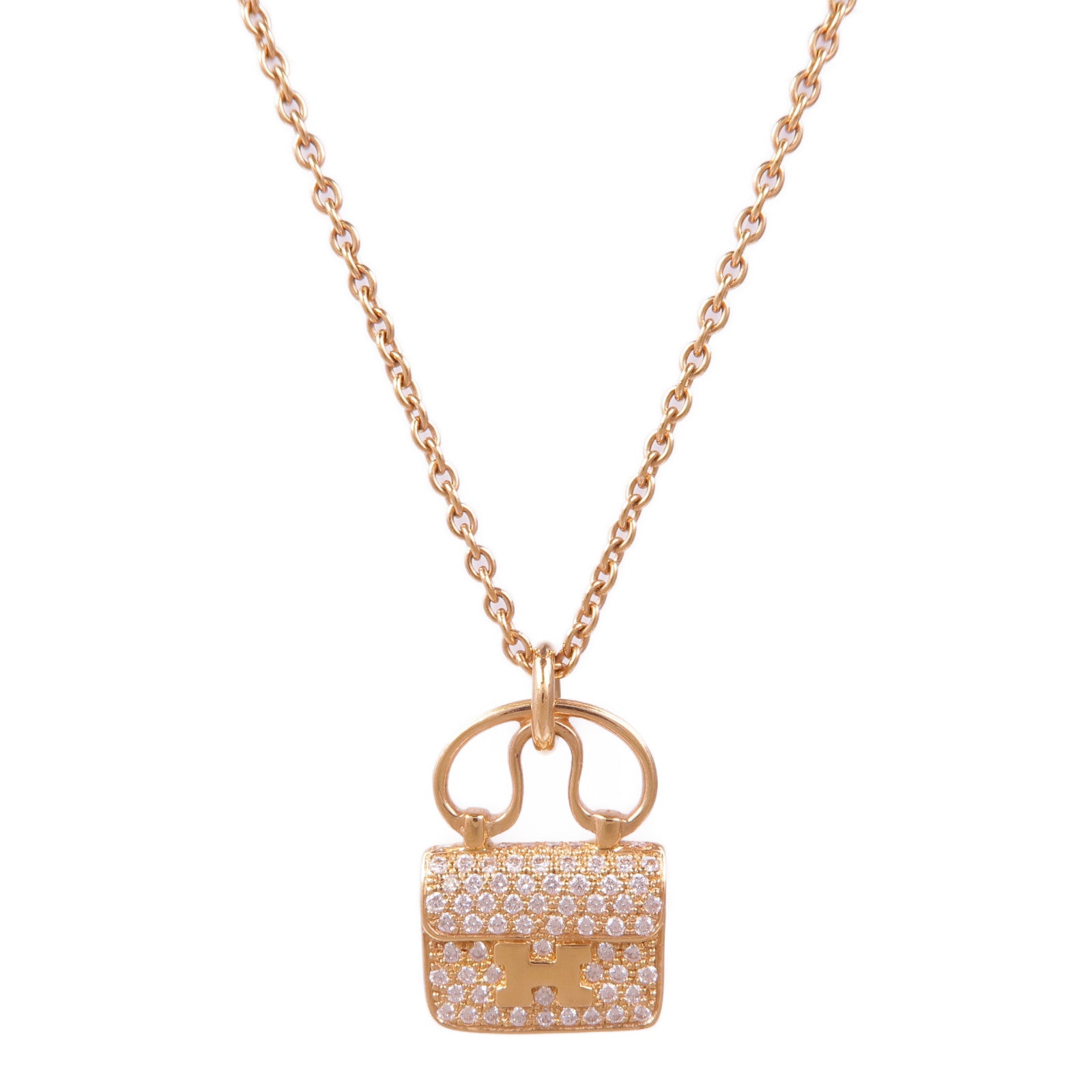HERMES Amulettes Constance Pendant Diamond Necklace 18K Rose Gold