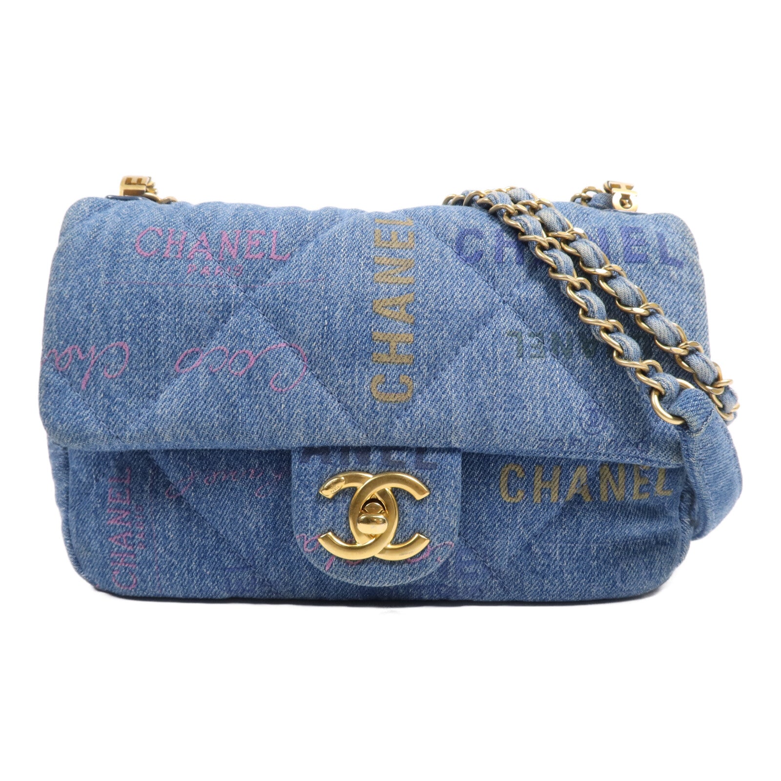 CHANEL 牛仔布Chain Shoulder Bag金扣鏈帶肩背袋