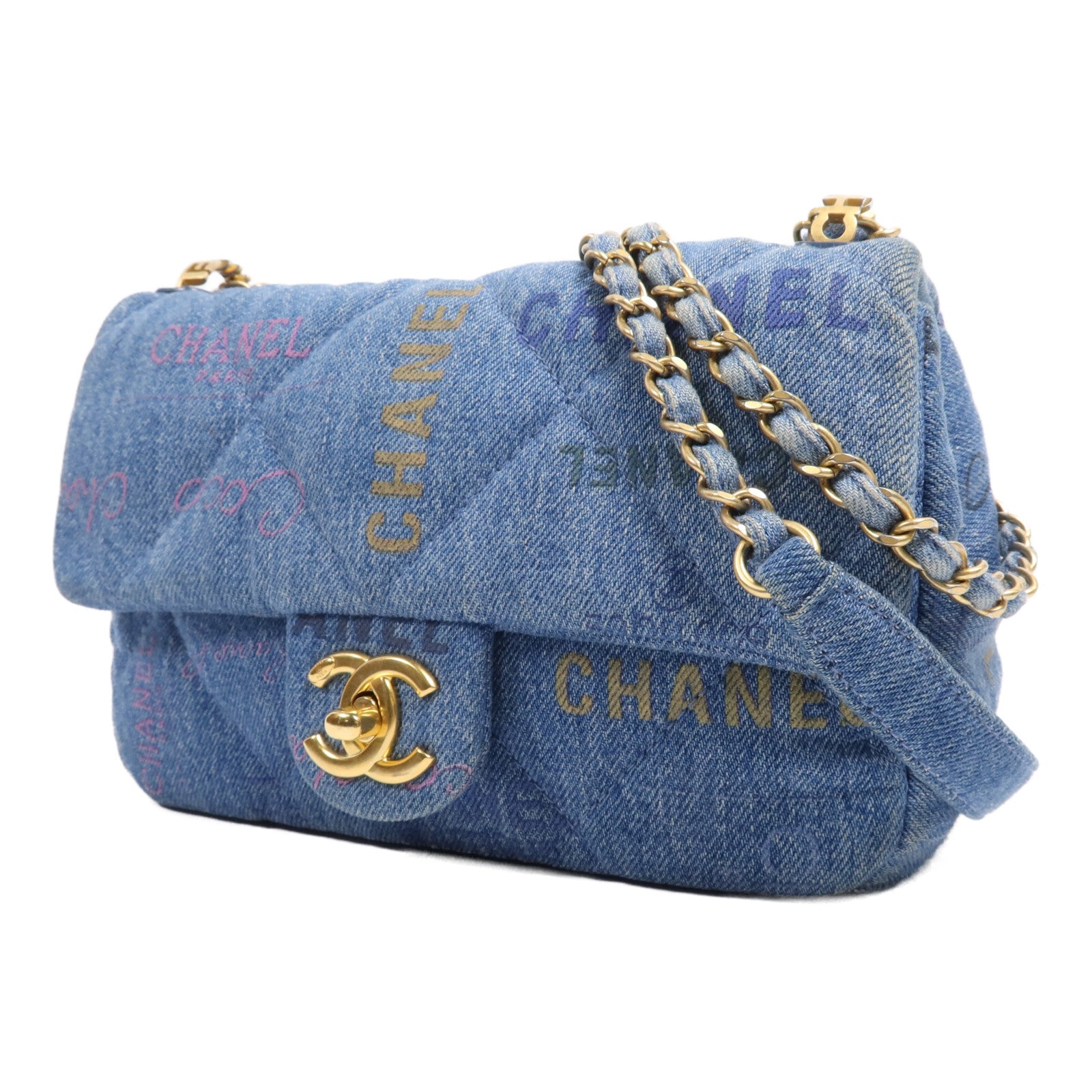 CHANEL 牛仔布Chain Shoulder Bag金扣鏈帶肩背袋