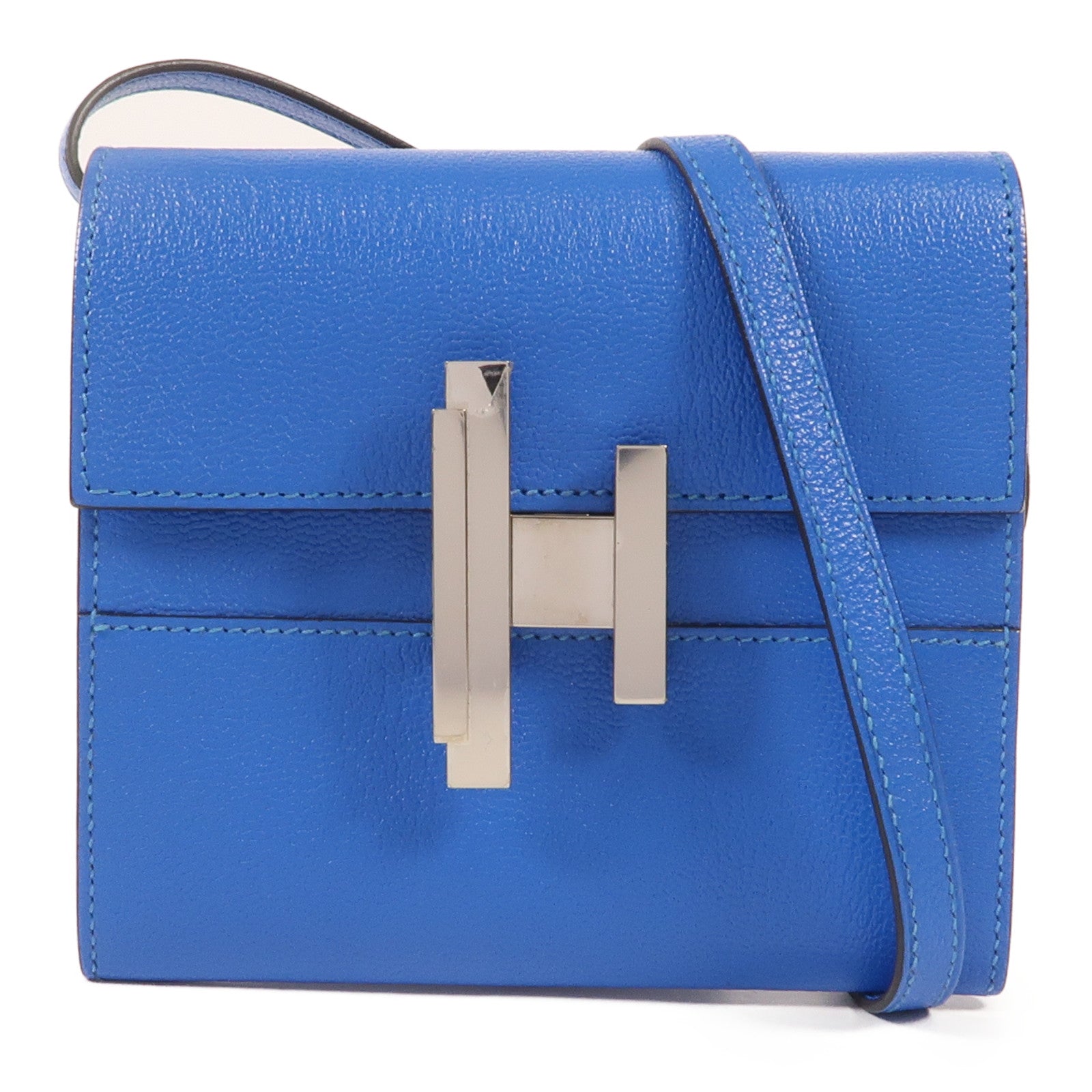 HERMES Chevre皮革Cinhetic To Go Wallet銀扣肩背袋Blue Brighton