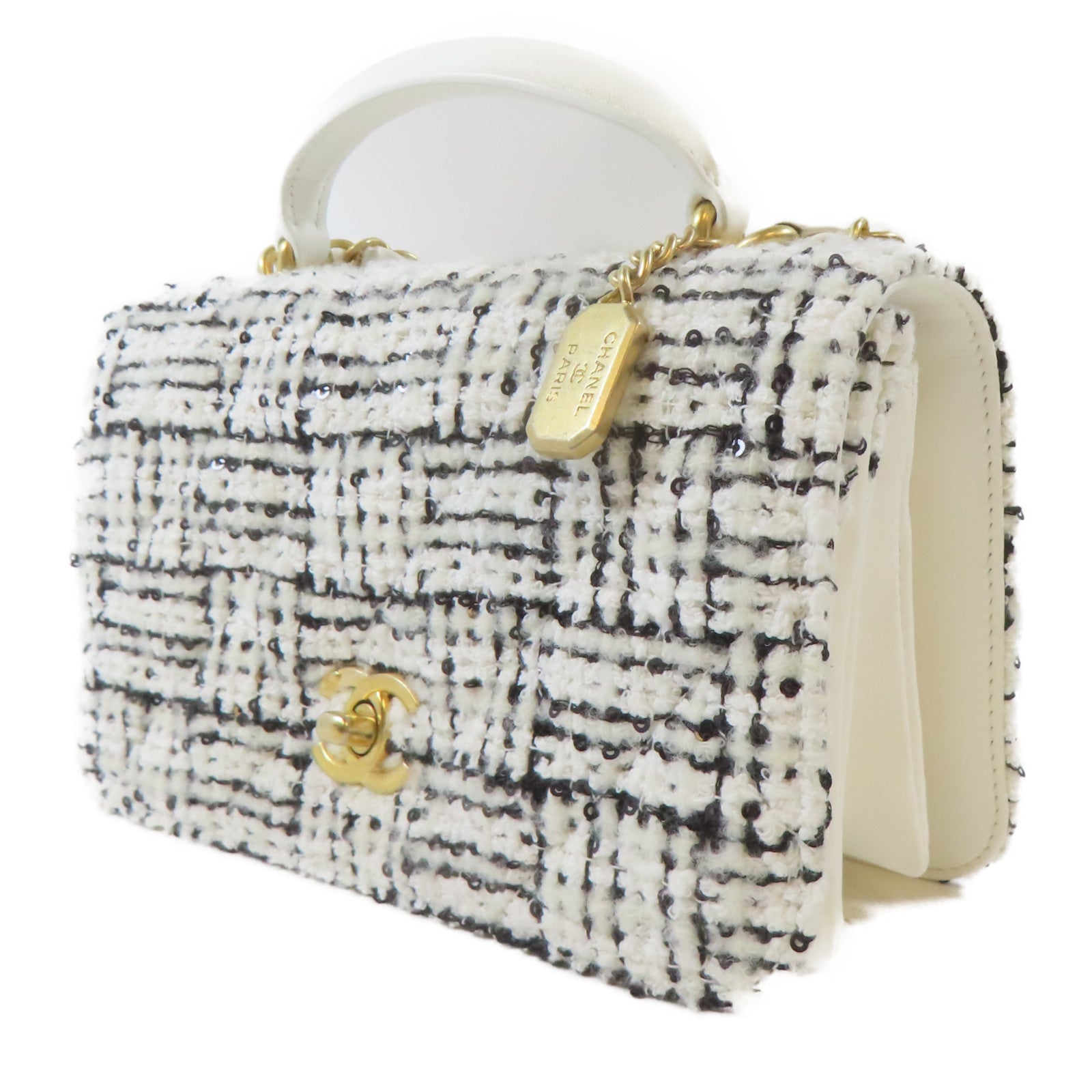 CHANEL 【激減優惠】斜紋軟呢2 Way Shoulder Bag金扣手挽肩背兩用袋黑色/白色