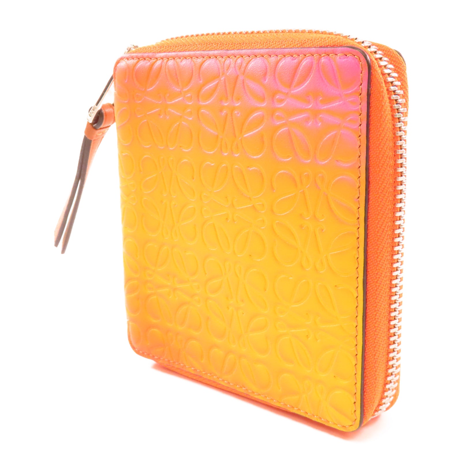 LOEWE 牛皮皮革Zipper Wallet銀扣錢包橙色/黄色