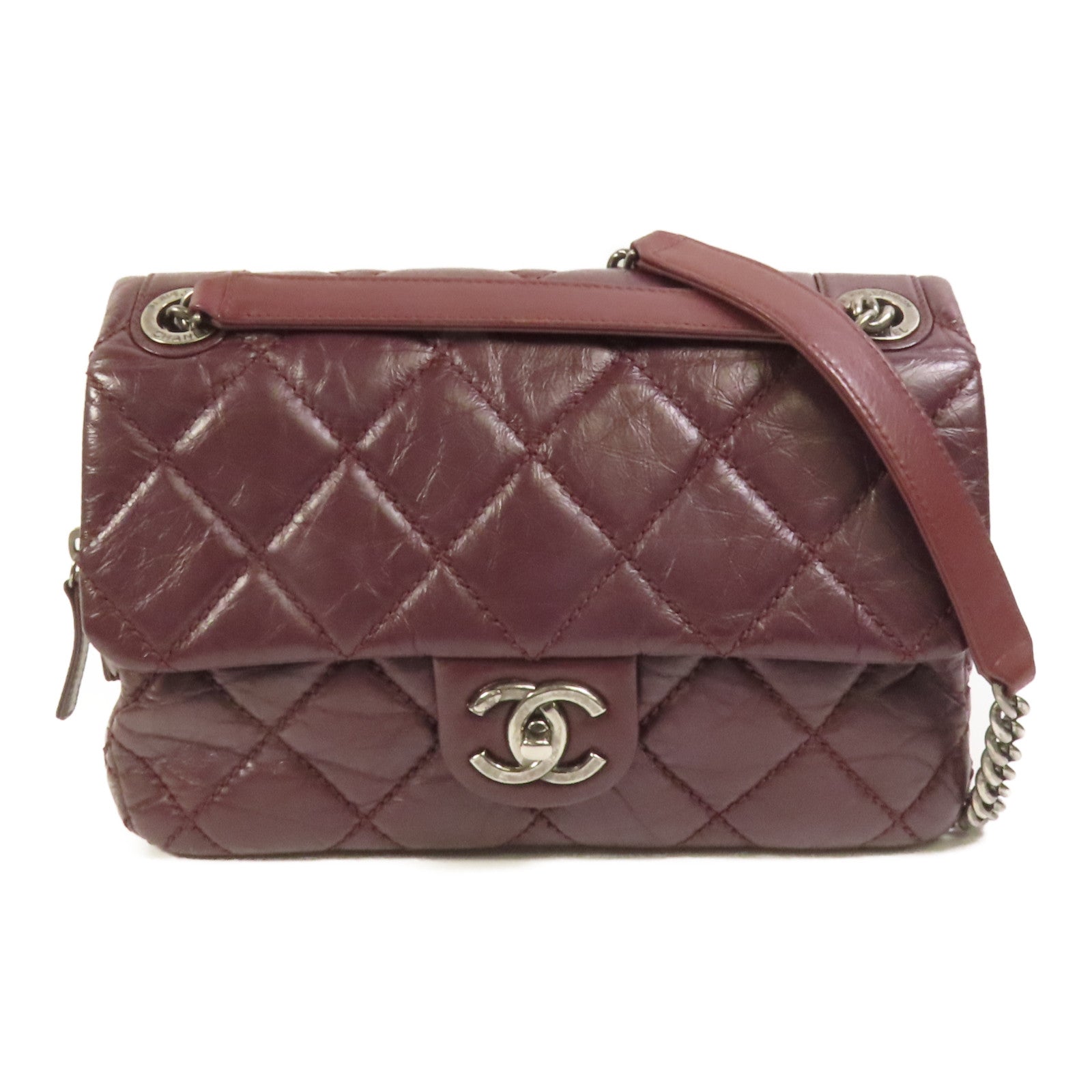 CHANEL 牛皮皮革Chain Shoulder銀扣鏈帶肩背袋