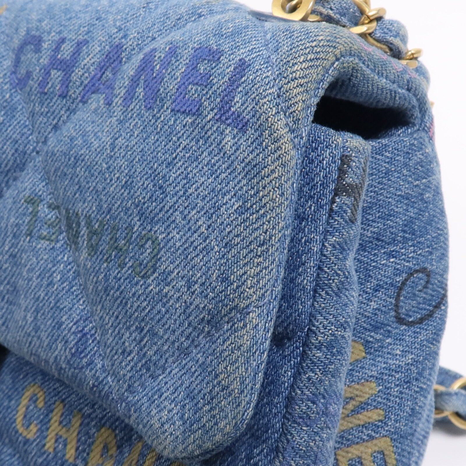 CHANEL 牛仔布Chain Shoulder Bag金扣鏈帶肩背袋