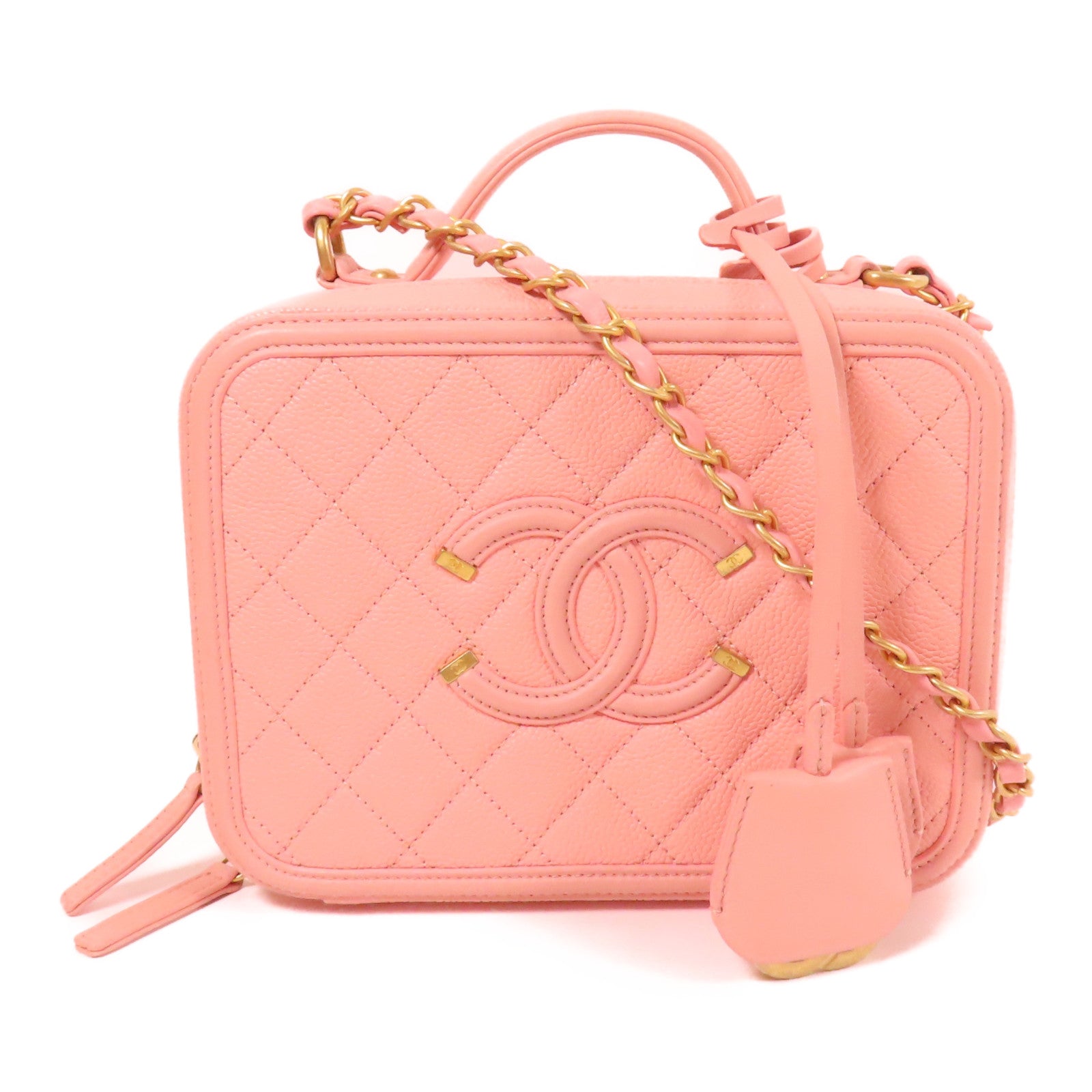 CHANEL CC GHW Vanity Case 2Way Shoulder Hand Bag Calfskin Leather Pink