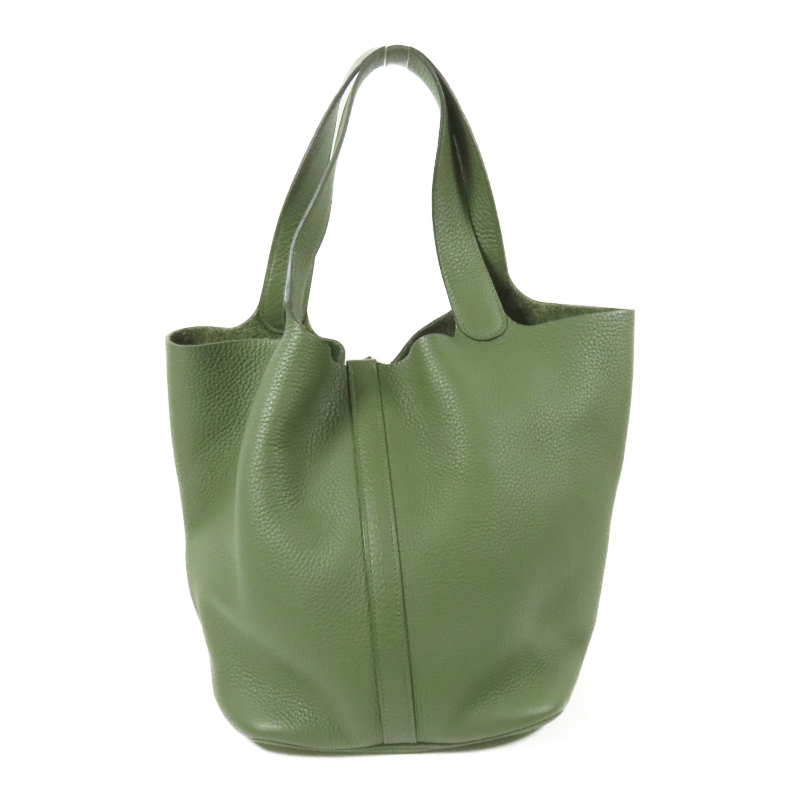 HERMES Clemence皮革Picotin GM銀扣手挽袋Olive Green