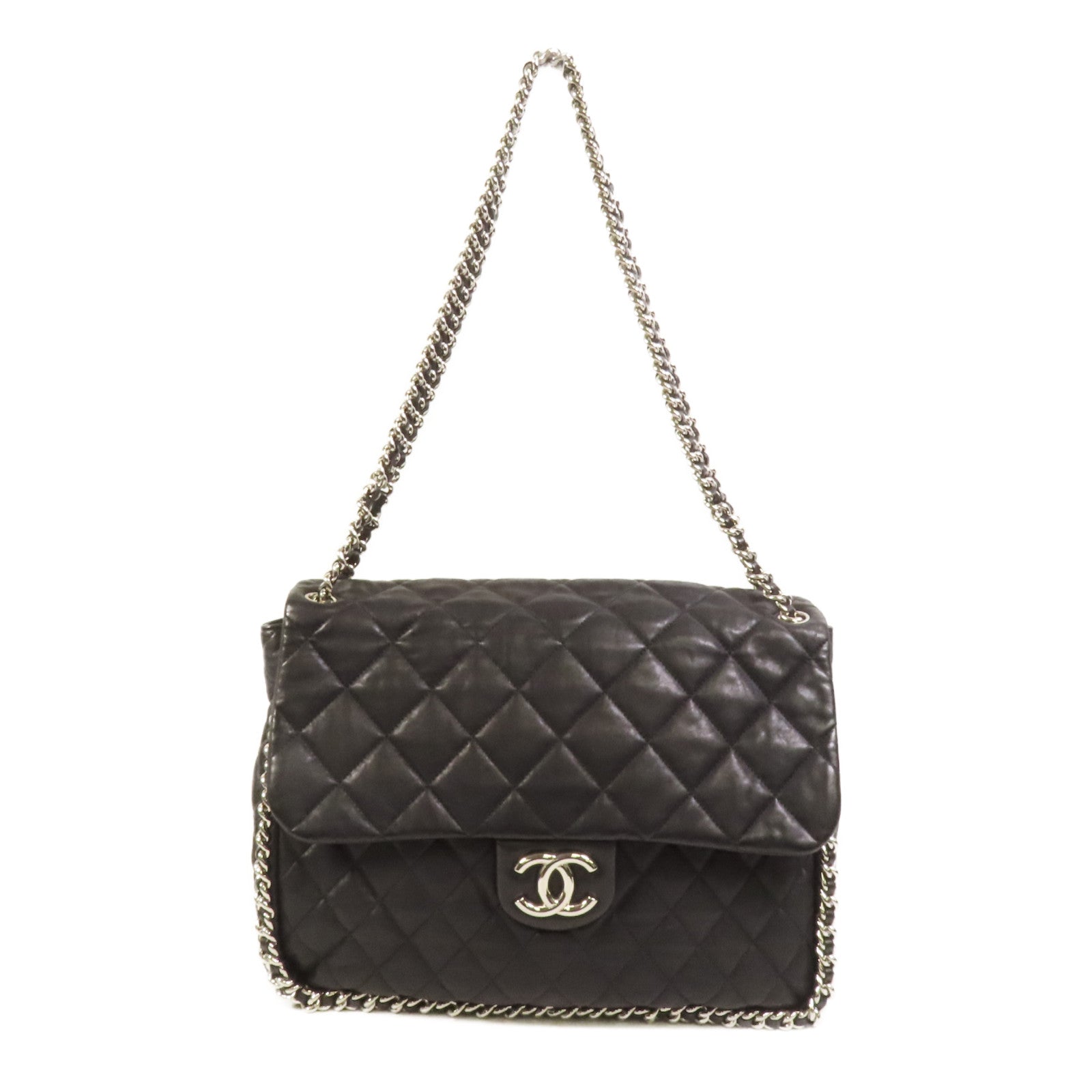 CHANEL 牛皮皮革Chain Shoulder銀扣鏈帶肩背袋
