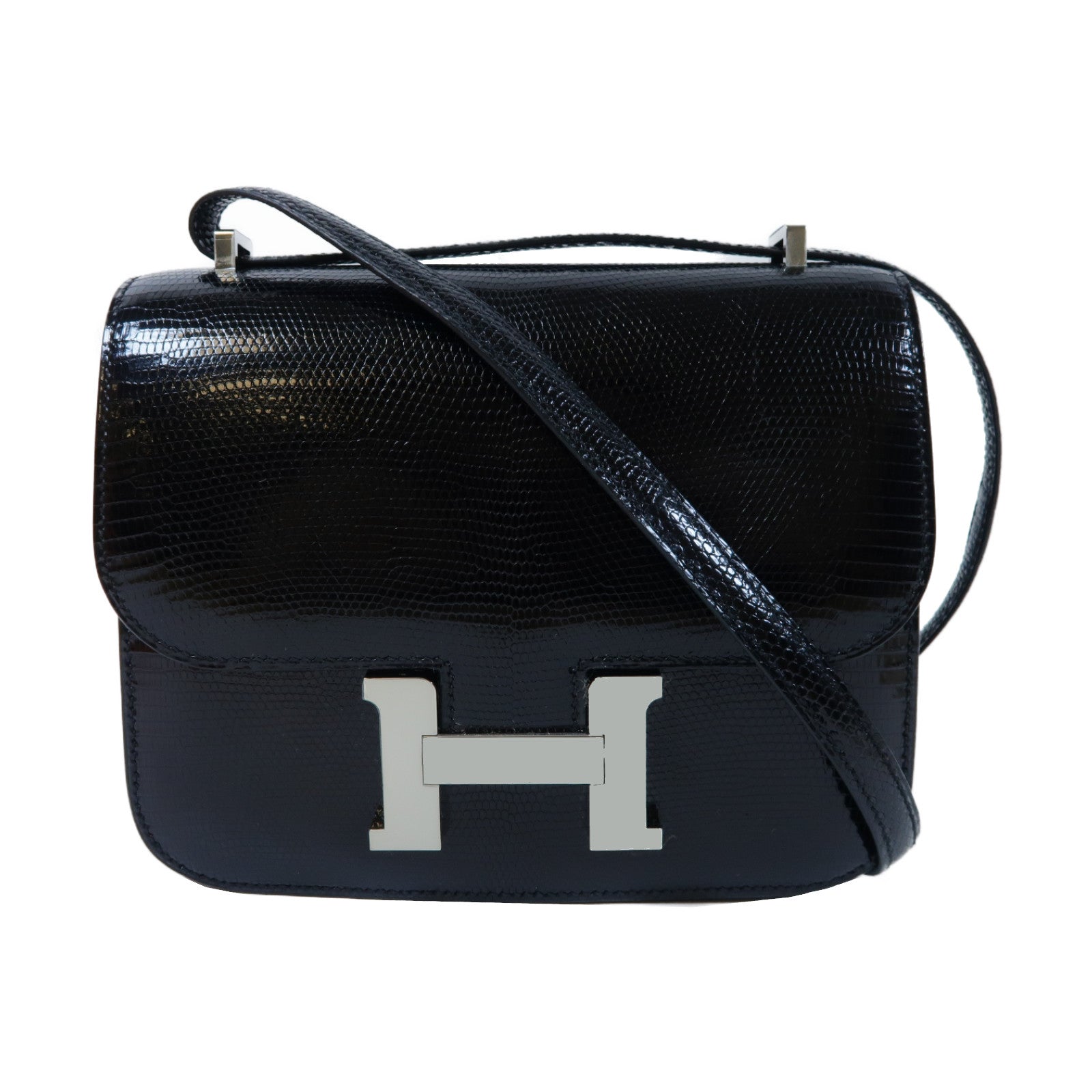 HERMES 蜥蝪皮革Constance Mini銀扣肩背袋黑色