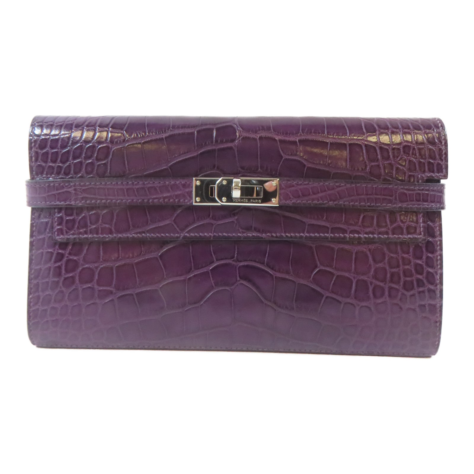 HERMES 鱷魚皮革Kelly Long Wallet銀扣長錢包Violet/紫色