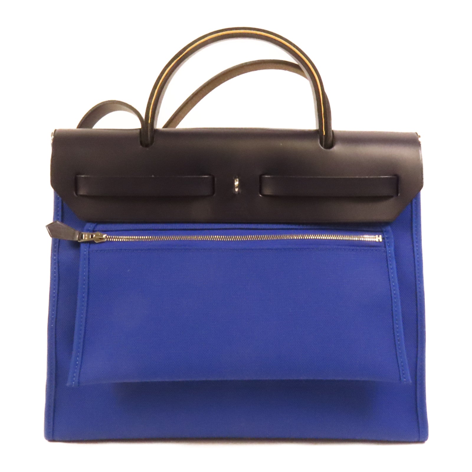 HERMES 帆布Herbag PM銀扣手挽肩背兩用袋Blue Electrique
