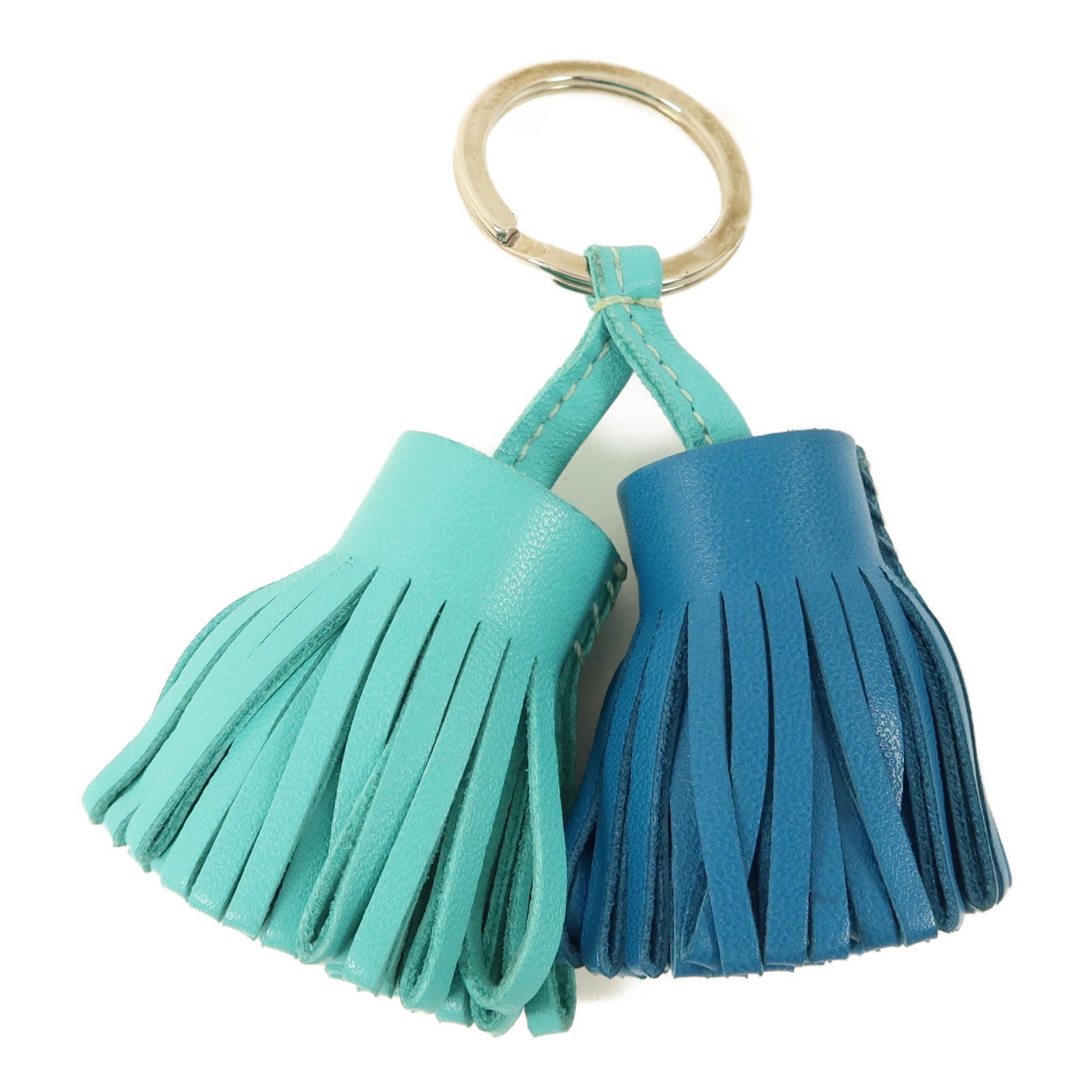 HERMES Milo皮革Carmen Duo銀扣鎖匙扣Bleu Izmir/Lagon