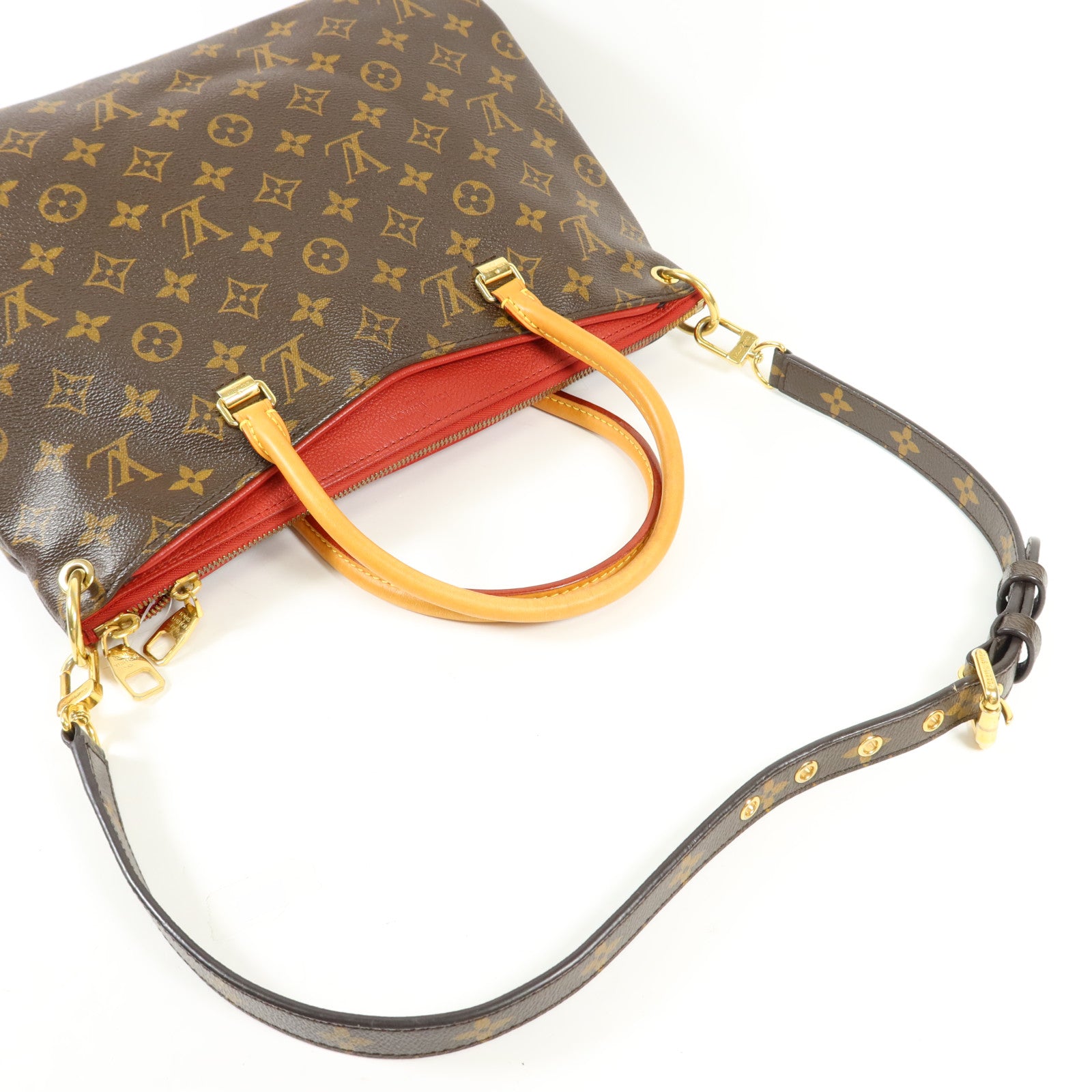 LOUIS VUITTON Monogram Pallas金扣手挽肩背兩用袋棕色/紅色
