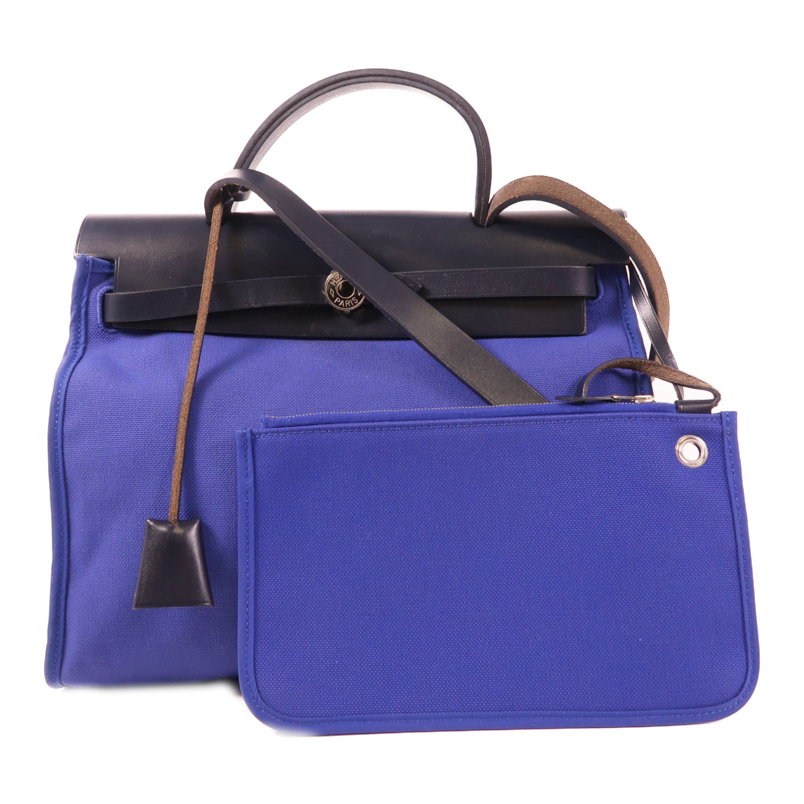 HERMES 帆布Herbag PM銀扣手挽肩背兩用袋Bleu Electrique
