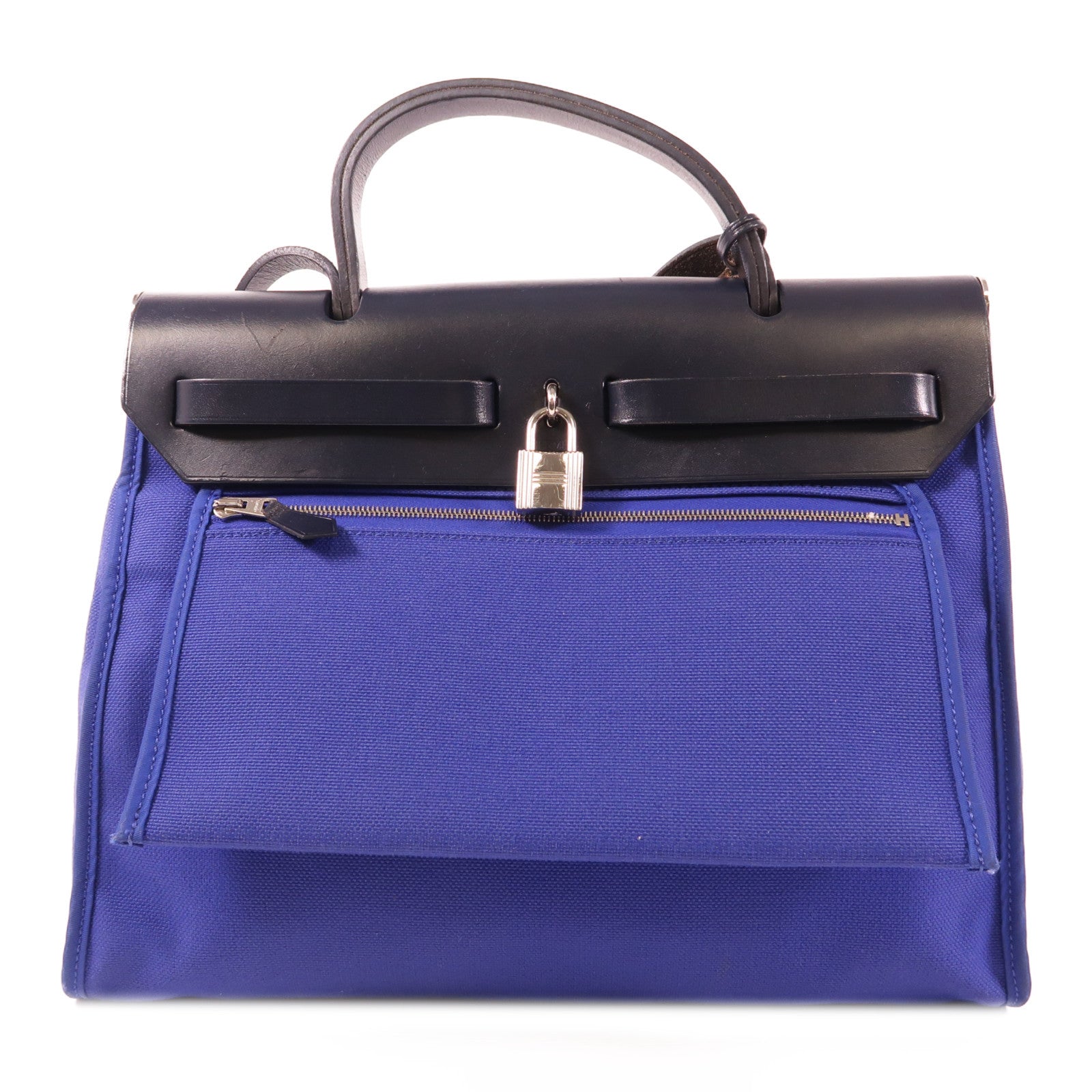 HERMES 帆布Herbag PM銀扣手挽肩背兩用袋Bleu Electrique