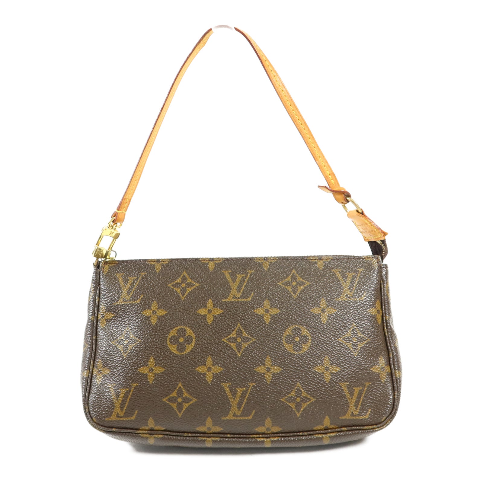 LOUIS VUITTON Monogram Pochette Accessoires金扣手挽袋棕色