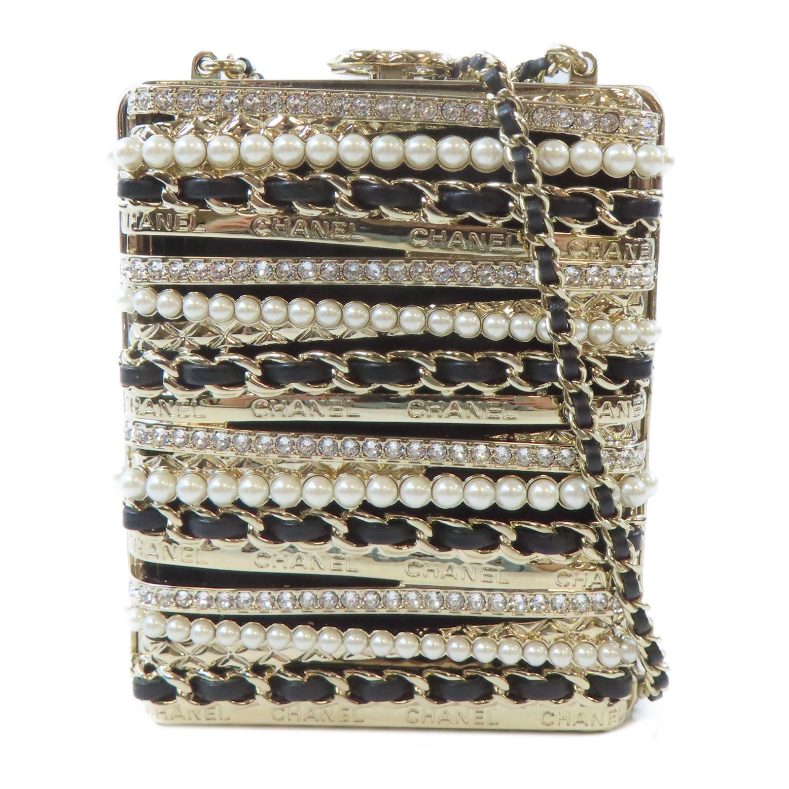 CHANEL 【激減優惠】菱格牛皮皮革/金屬/水晶/PVC Evening Bag金扣肩背袋黑色/金色