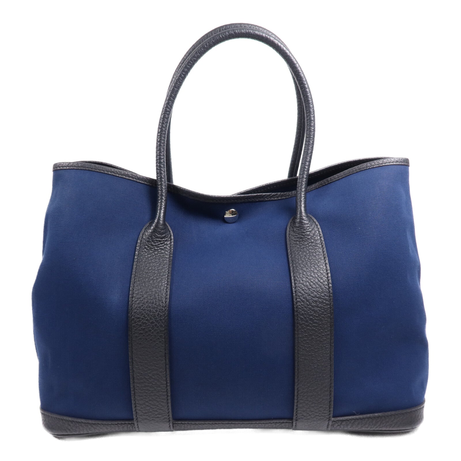 HERMES 帆布/皮革Garden Party PM銀扣手挽袋Leder Blue