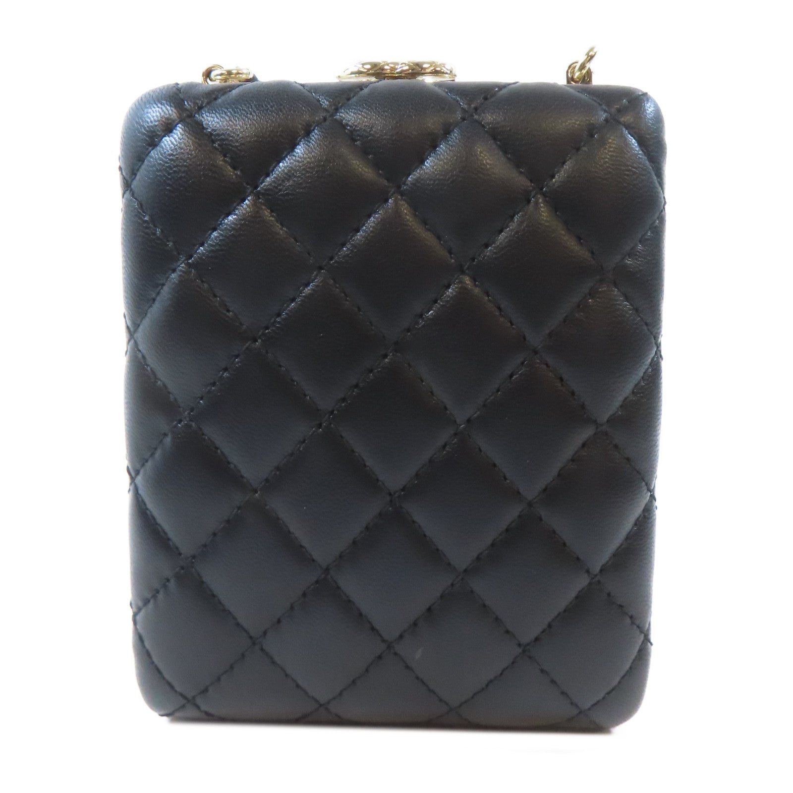 CHANEL 【激減優惠】菱格牛皮皮革/金屬/水晶/PVC Evening Bag金扣肩背袋黑色/金色