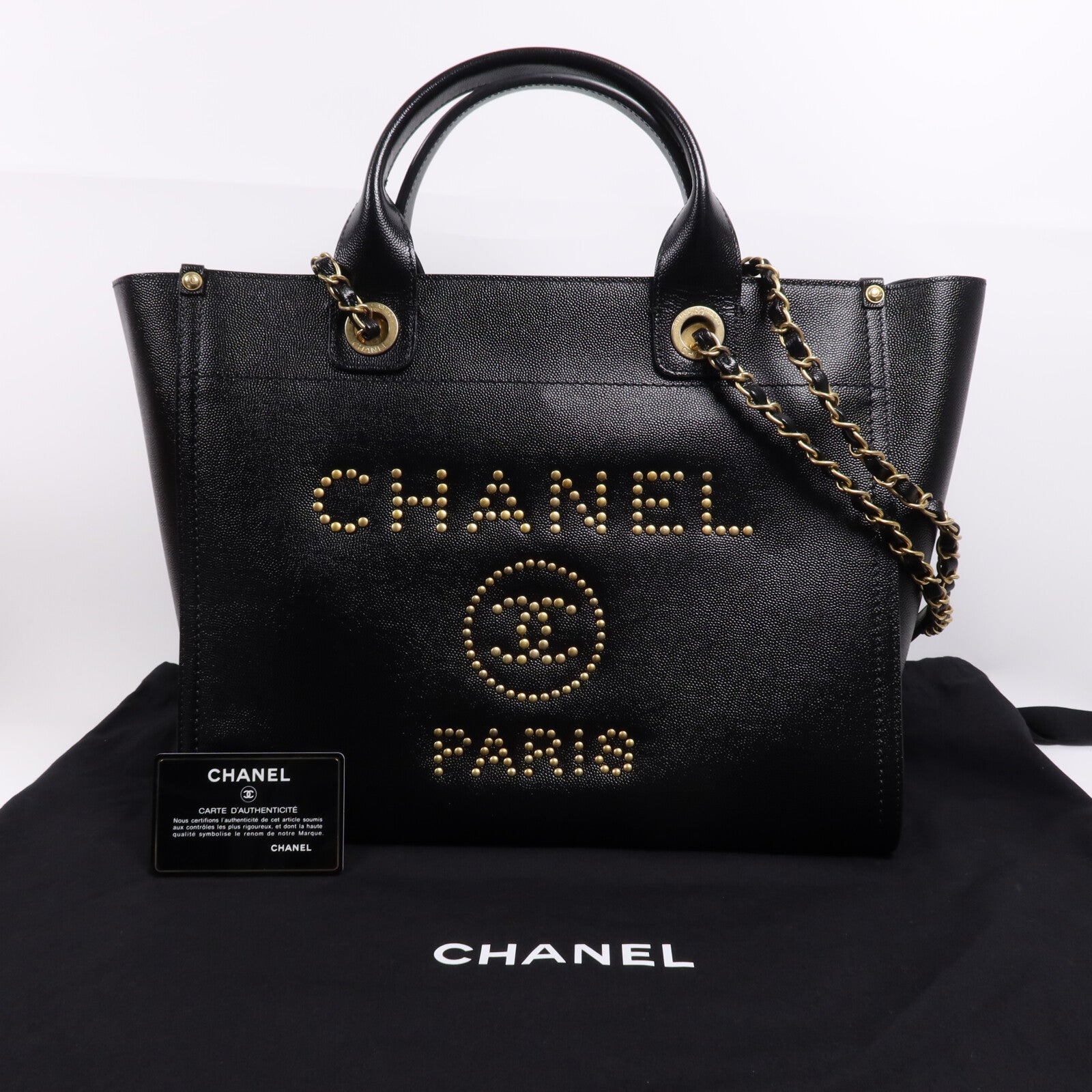 CHANEL 牛皮皮革Deauville金扣鏈帶手挽肩背兩用袋
