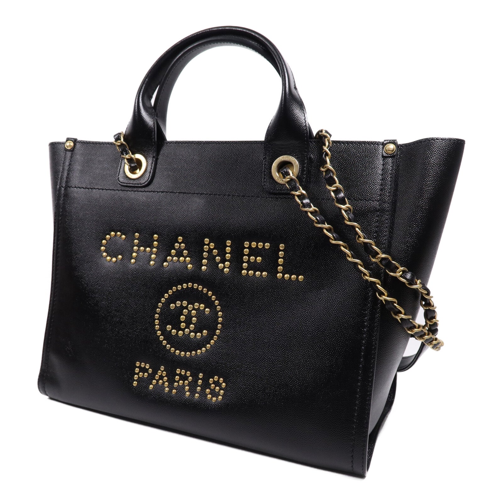 CHANEL 牛皮皮革Deauville金扣鏈帶手挽肩背兩用袋