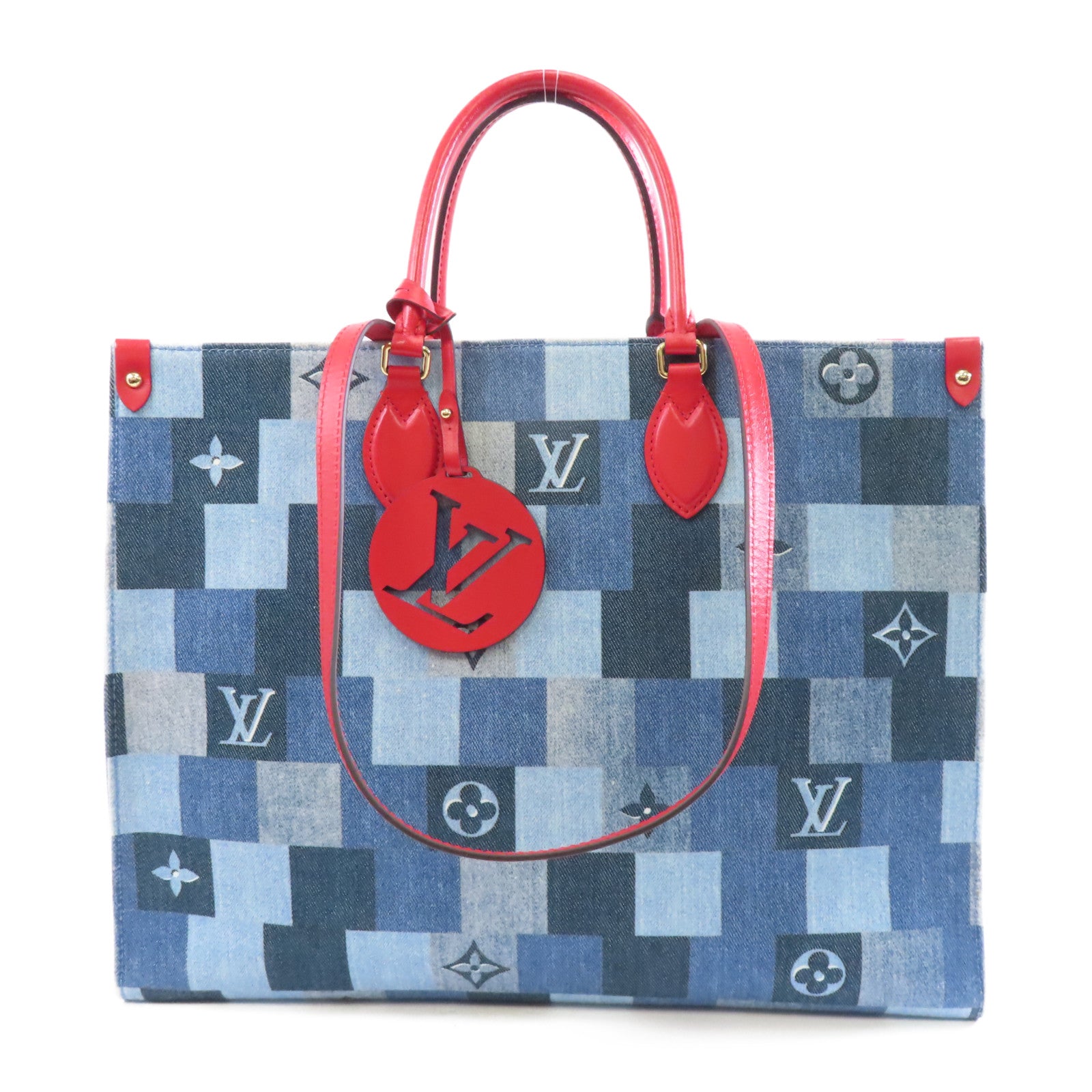 LOUIS VUITTON 【激減優惠】Monogram Denim OnTheGo金扣手挽肩背兩用袋藍色/紅色