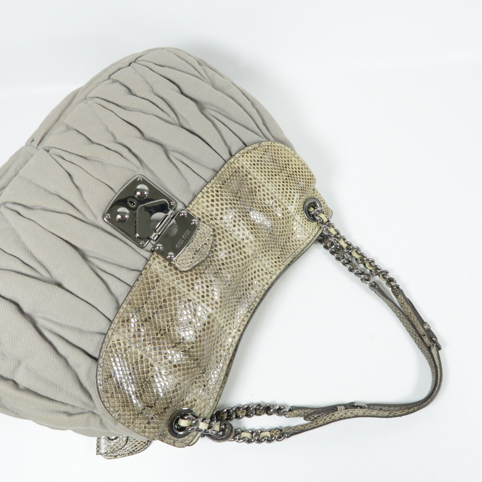Miu Miu 帆布/蛇皮皮革Shoulder Bag銀扣肩背袋