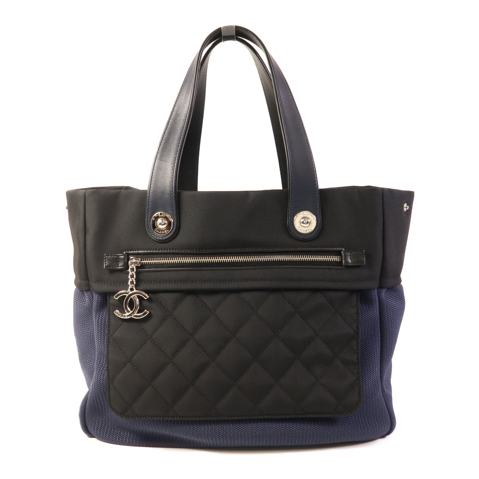 CHANEL 帆布Tote Bag銀扣肩背袋