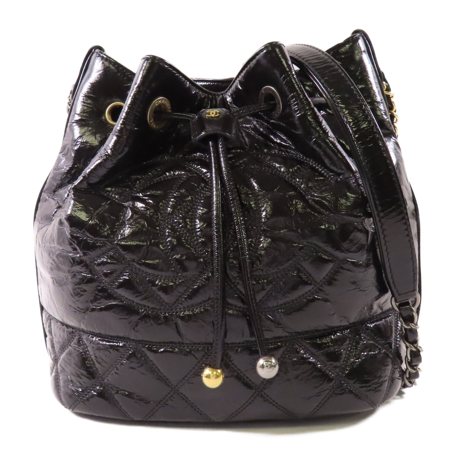 CHANEL 【激減優惠】漆皮皮革Drawstring Bag金扣鏈帶肩背袋
