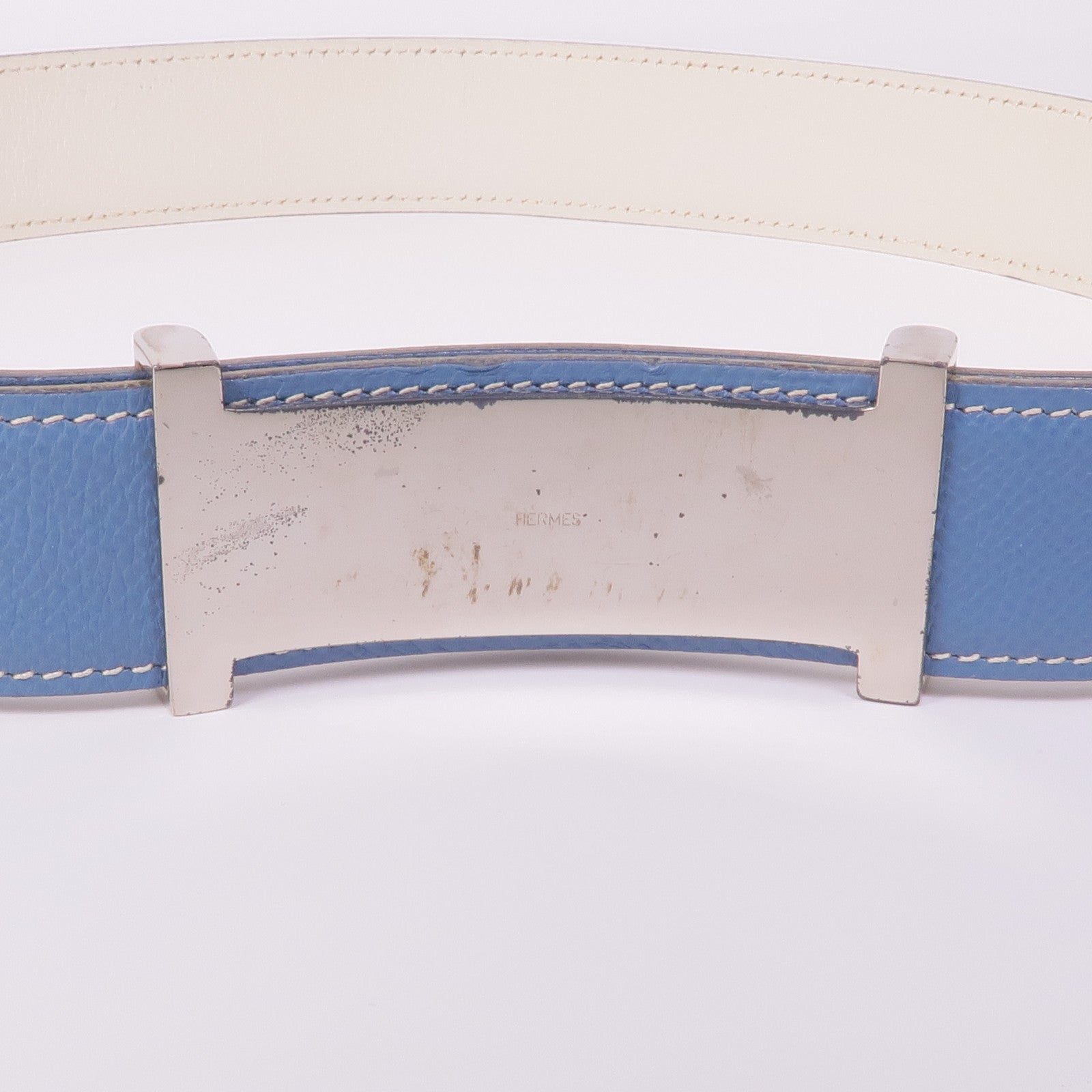 HERMES Epsom皮革Belt銀扣皮帶Blue Jean