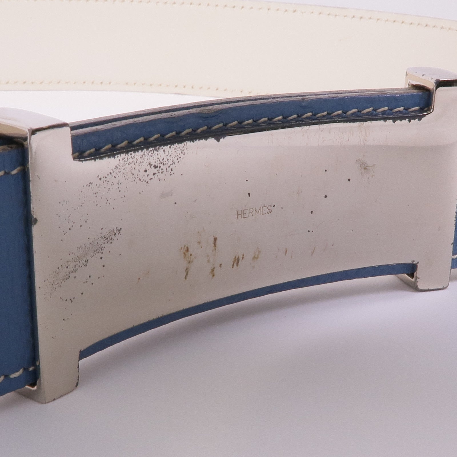 HERMES Epsom皮革Belt銀扣皮帶Blue Jean