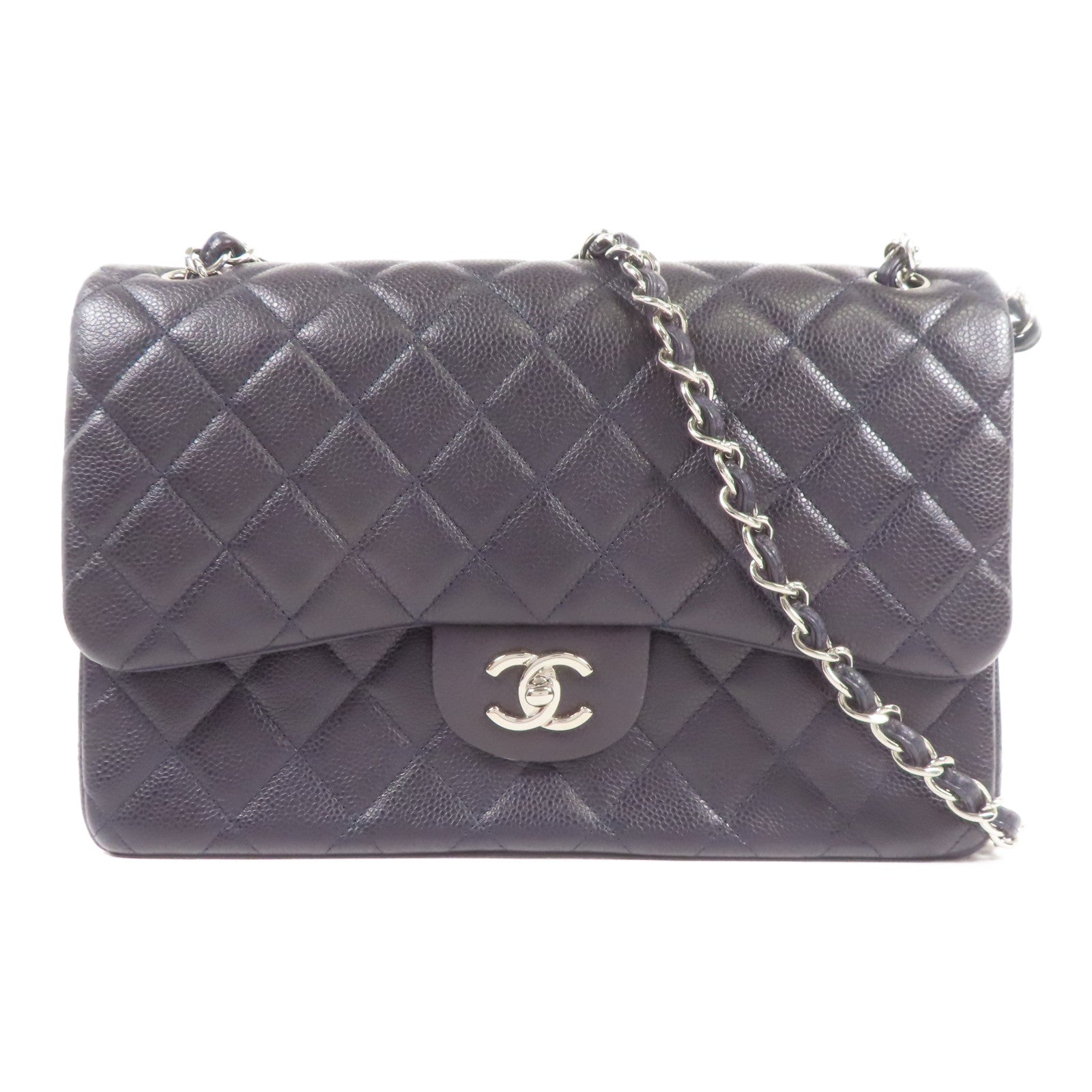 CHANEL 牛皮皮革Large Classic銀扣鏈帶肩背袋
